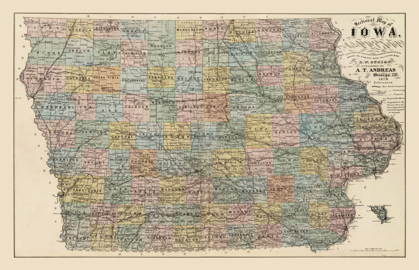 Vintage Map of Iowa, 1875