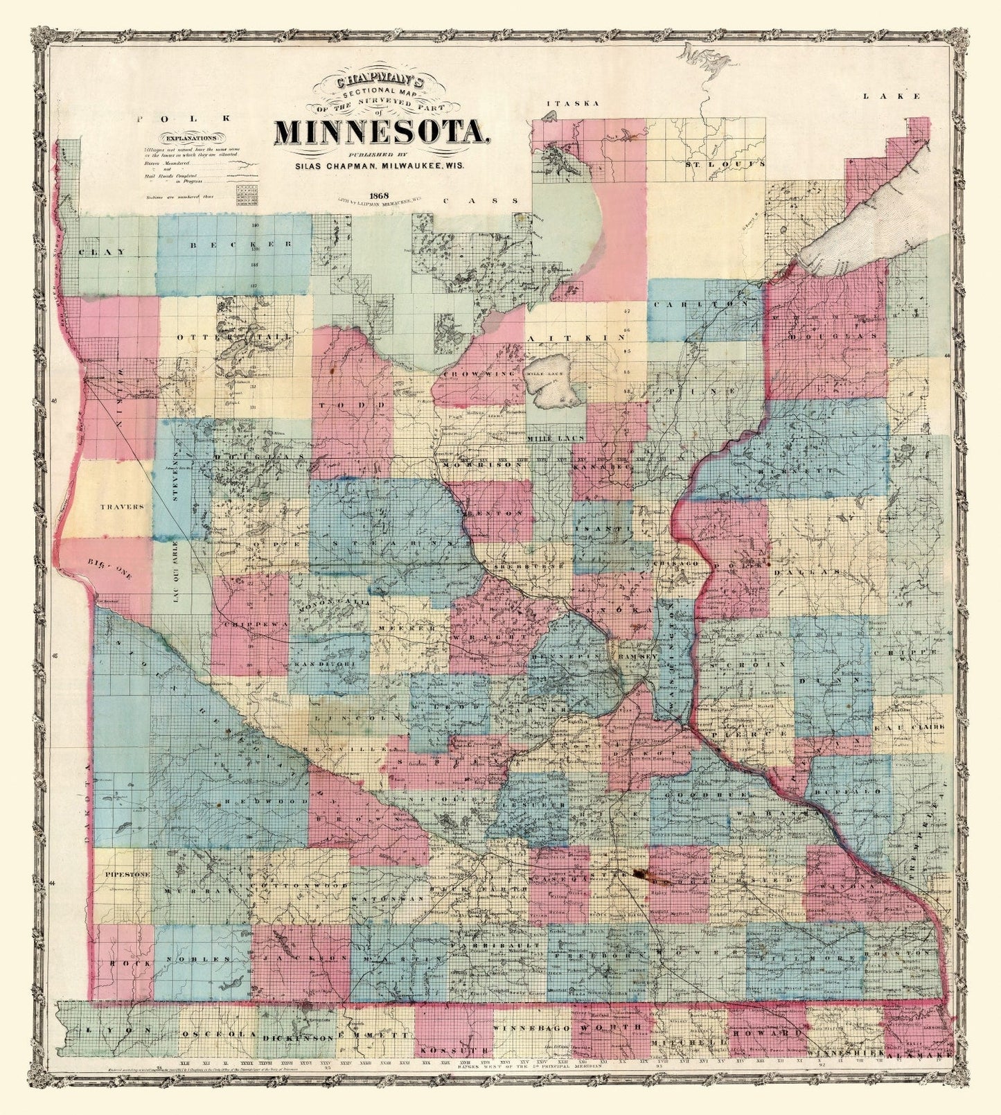 Vintage Map of Minnesota, 1868