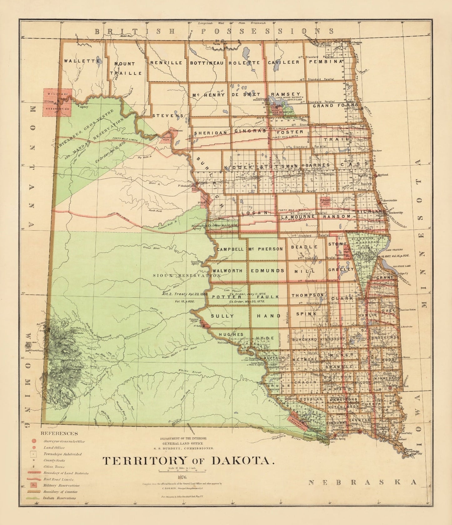 Vintage 1876 Dakota Territory Historic Map