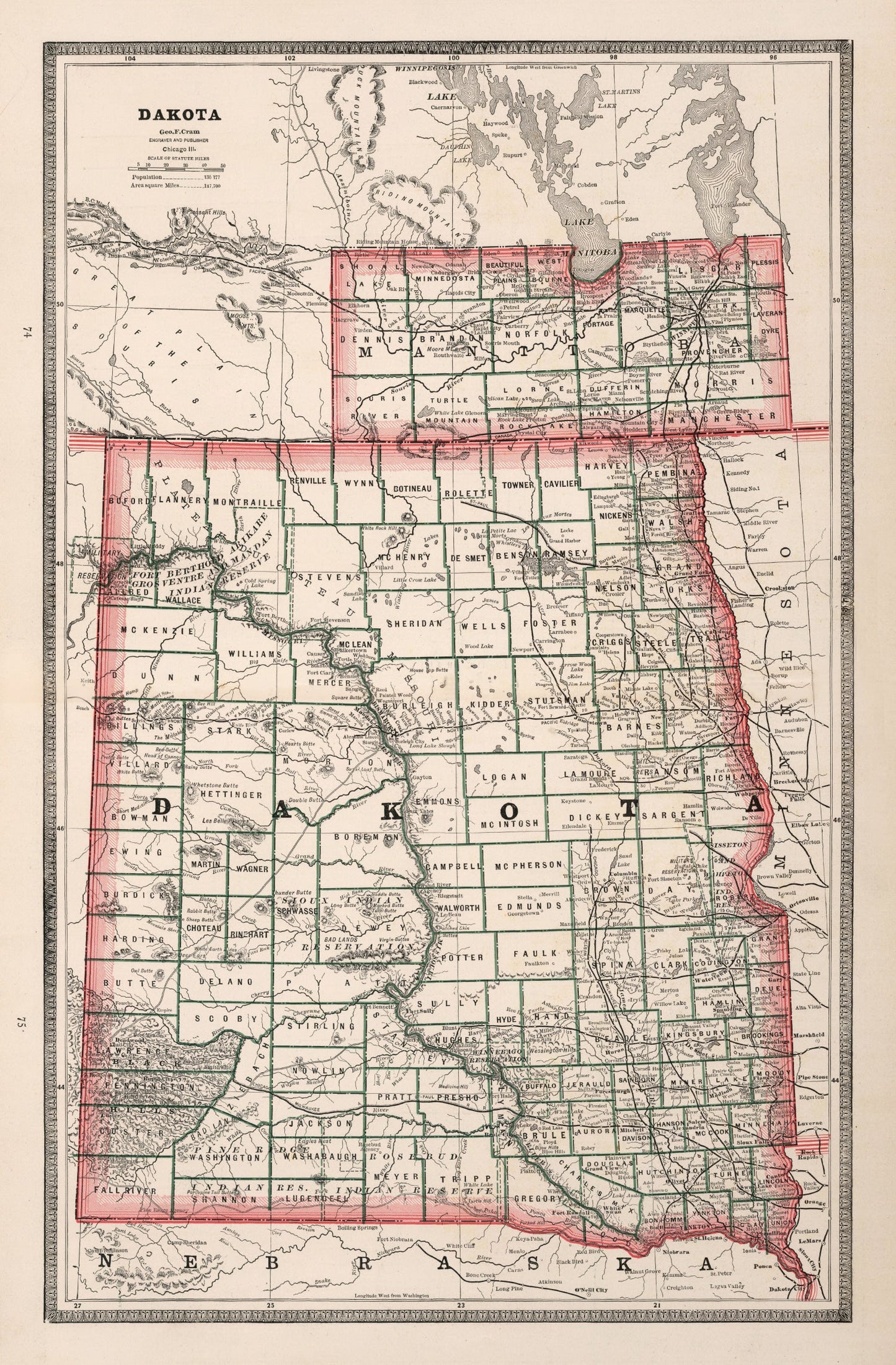 Vintage Map of Dakota Territory, 1883