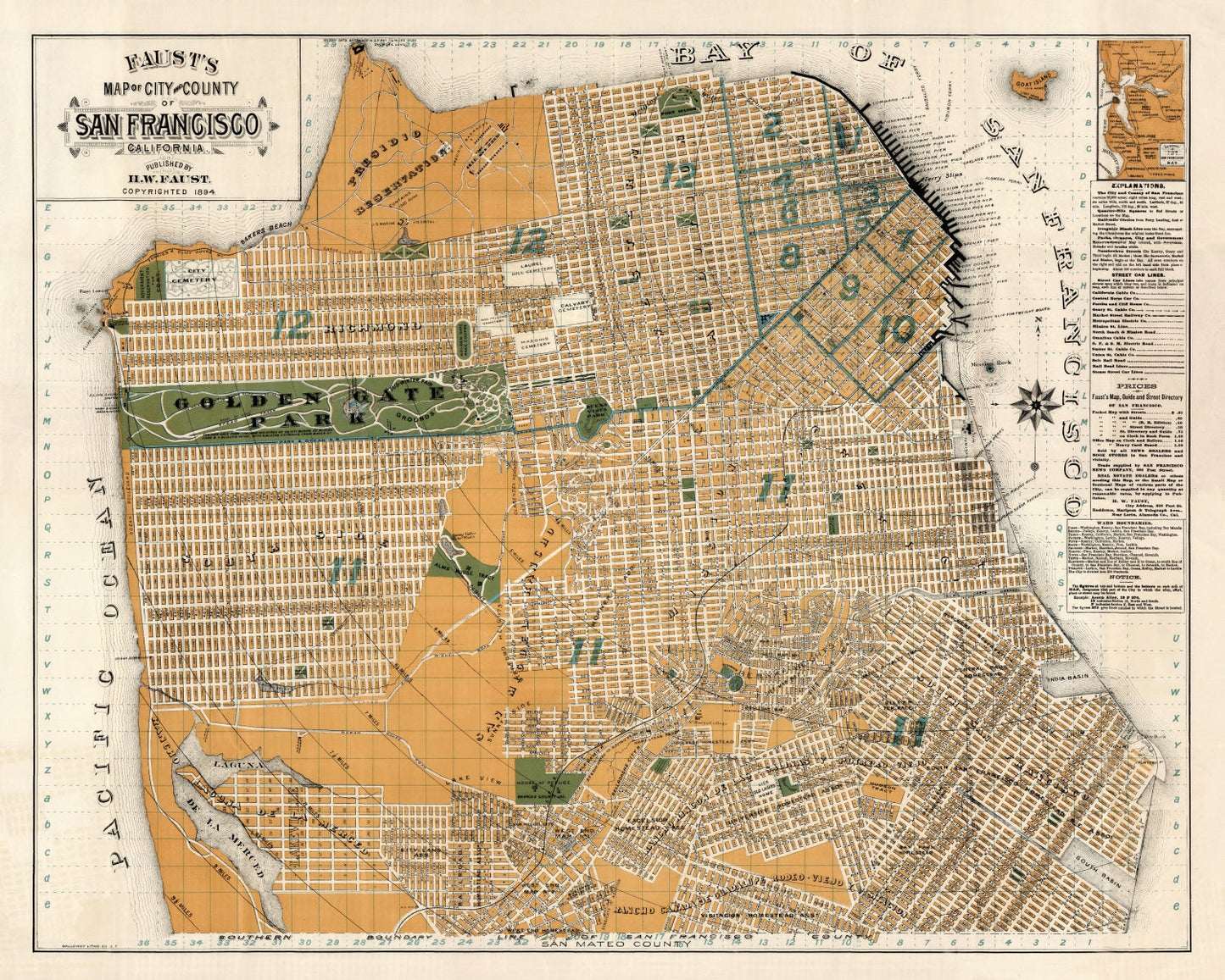 Vintage Map of San Francisco, California, 1894