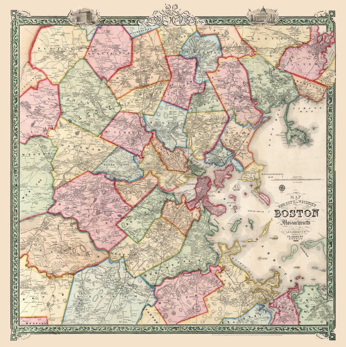 Vintage Map of Boston, Massachusetts 1852