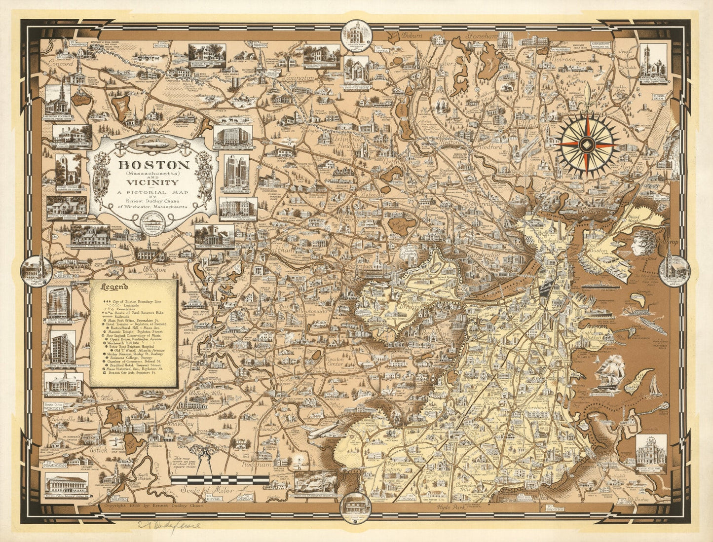Vintage Map of Boston, Massachusetts 1938 Wall Art
