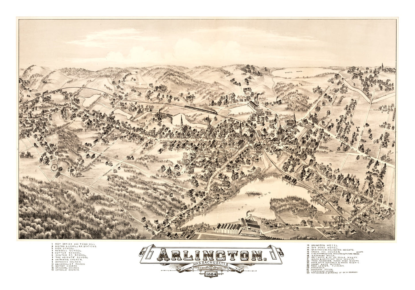 Vintage Map of Arlington, Massachusetts, 1884