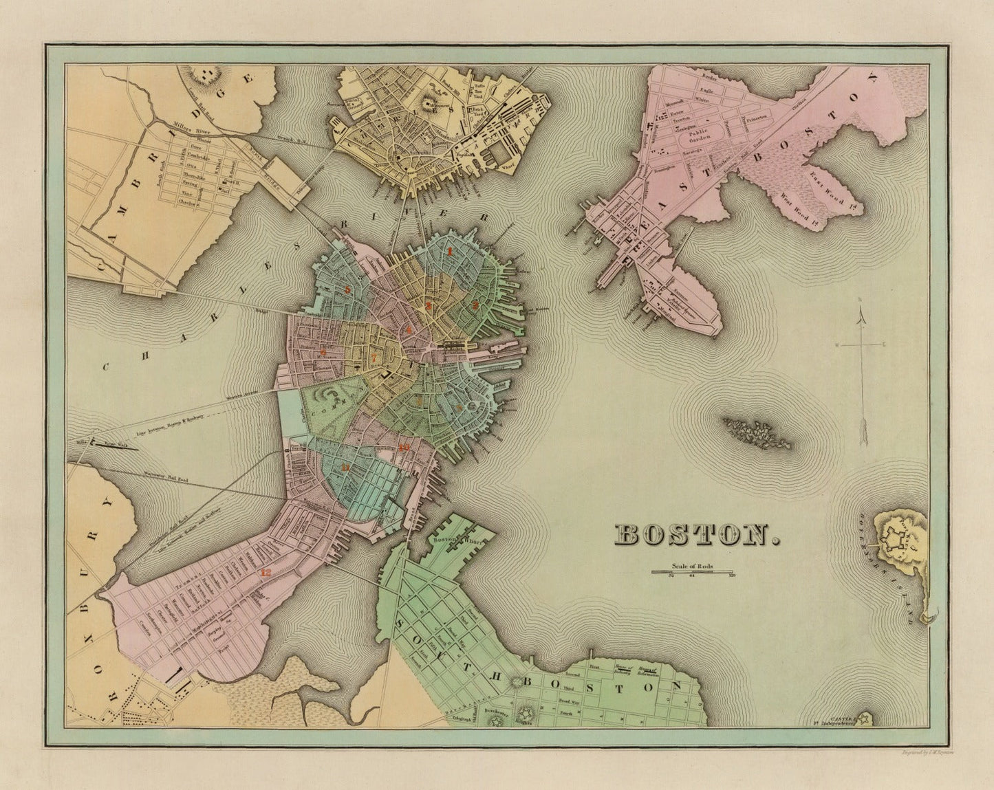 Vintage Map of Boston, Massachusetts 1838
