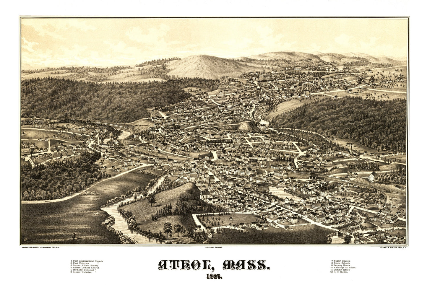 Vintage Map of Athol, Massachusetts, 1887
