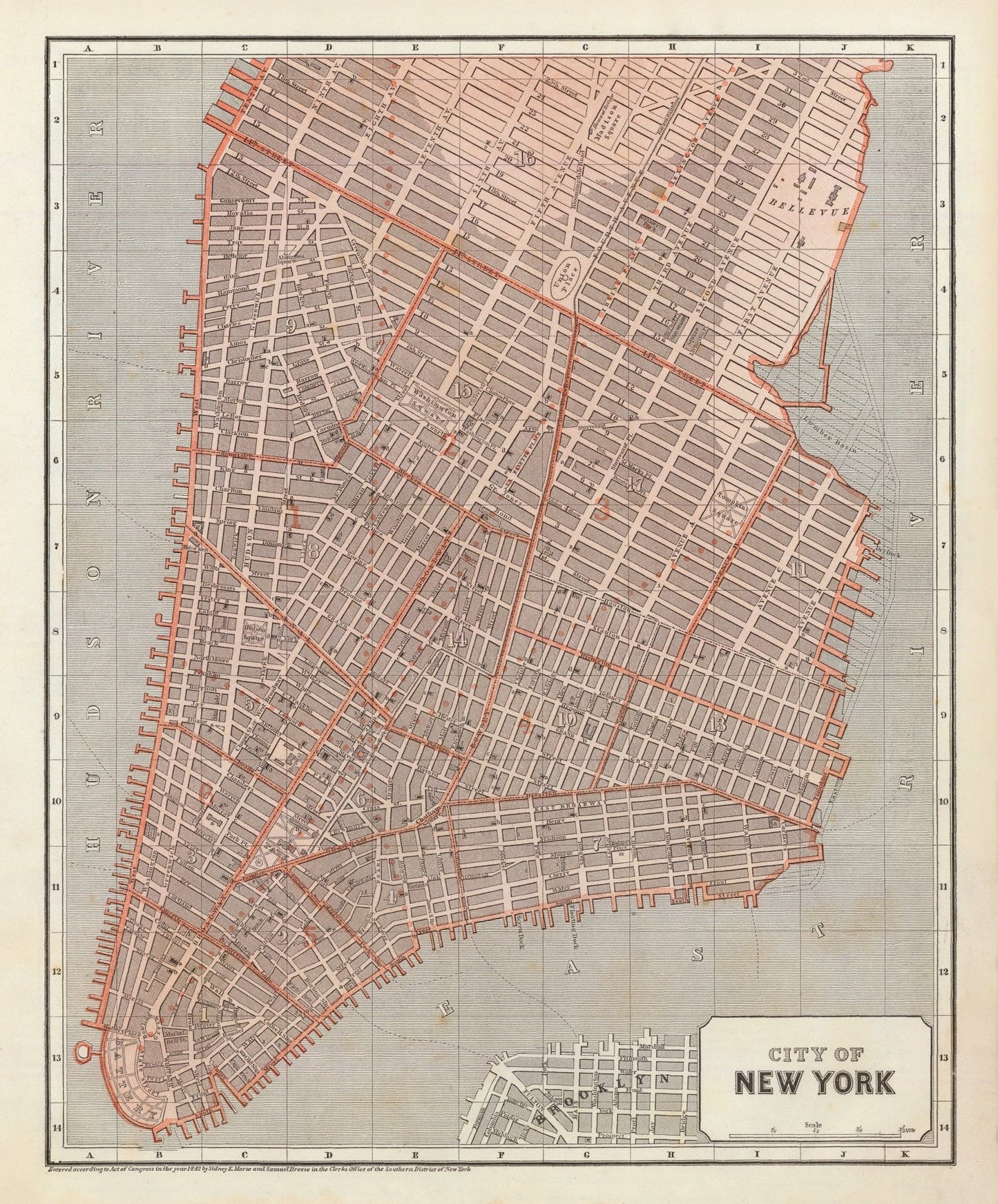 Vintage Map of New York City, New York, 1845 II
