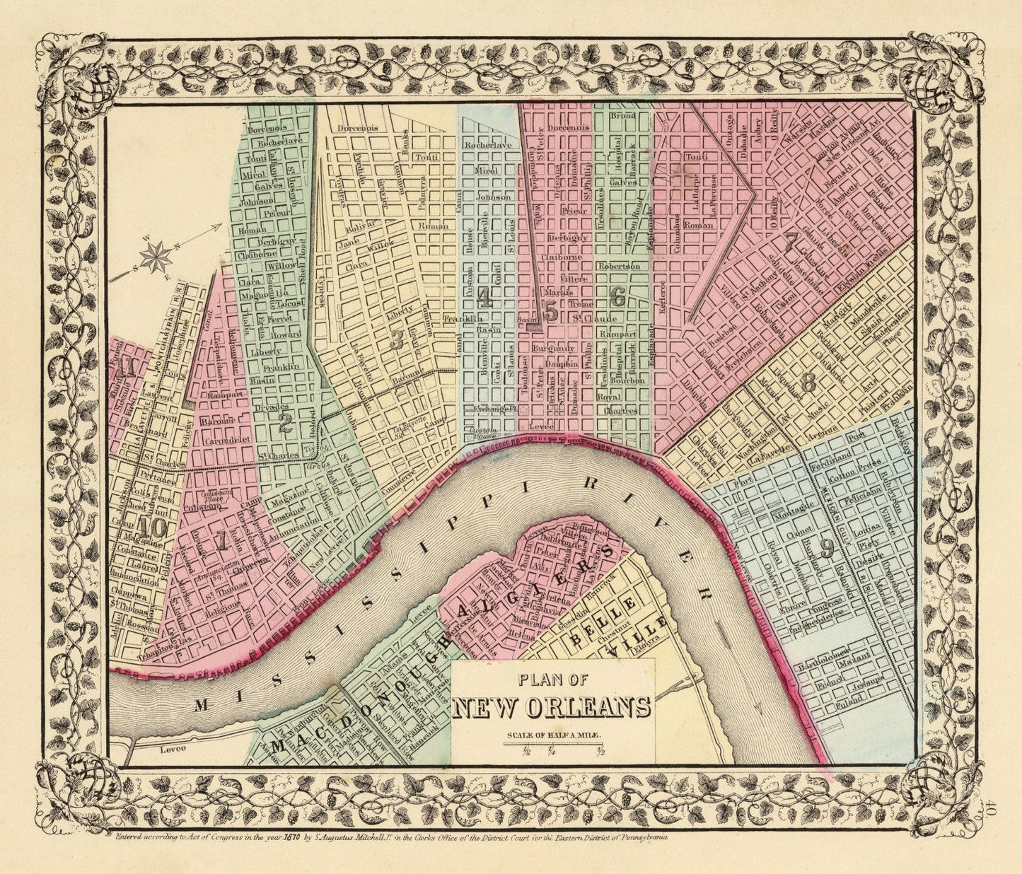 Vintage Map of New Orleans, Louisiana, 1870