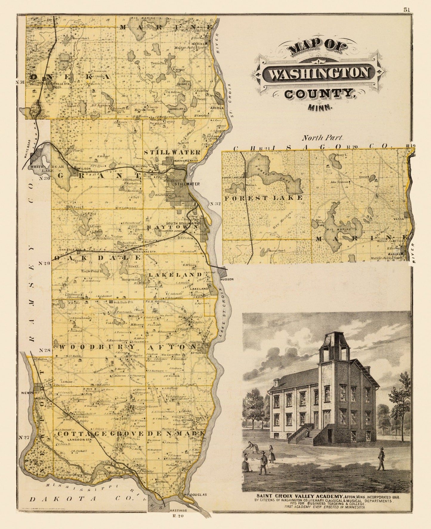 Vintage Map of Washington County, Minnesota 1874 - Edition II
