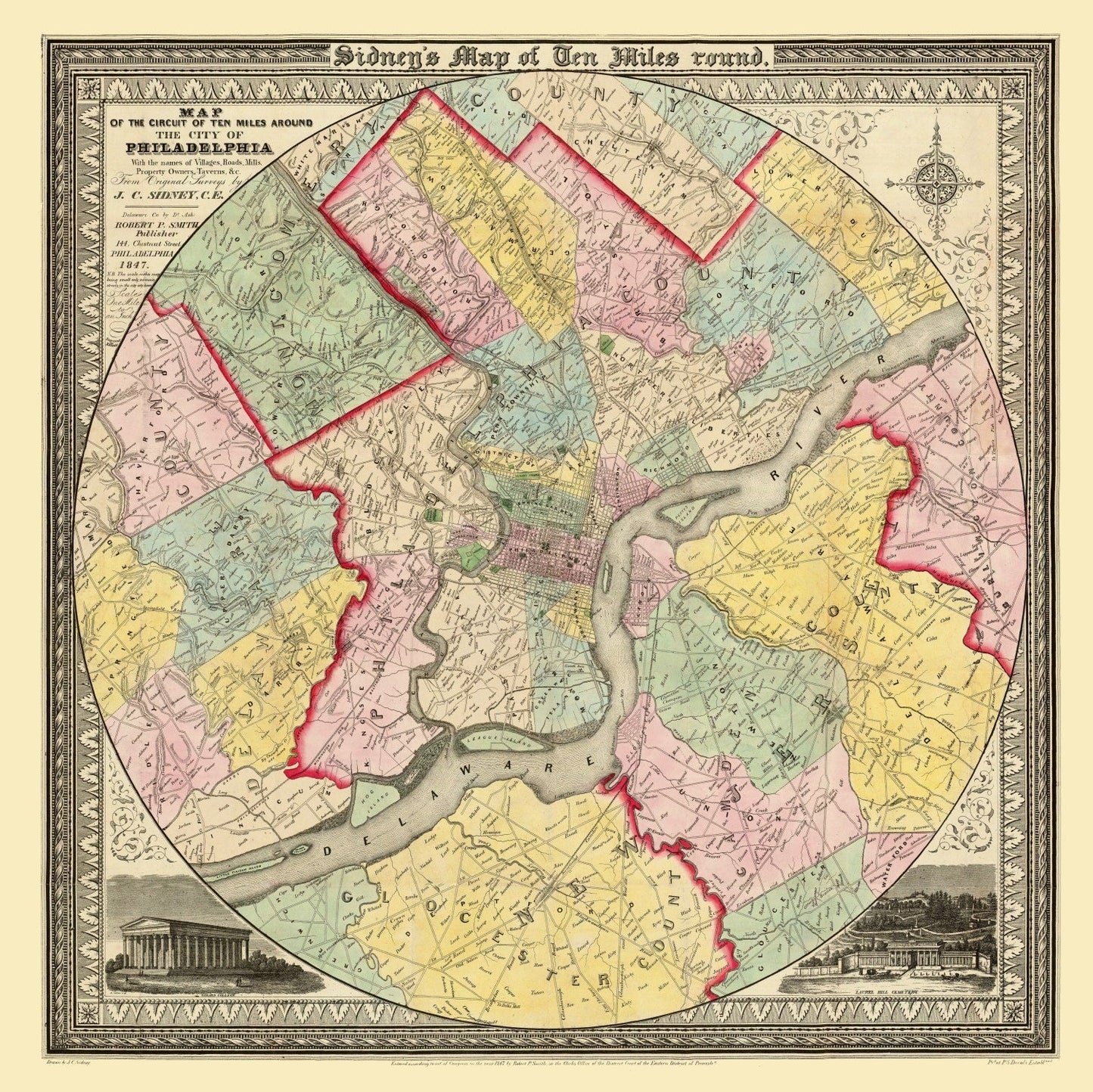 Vintage Map of Philadelphia, Pennsylvania, 1847