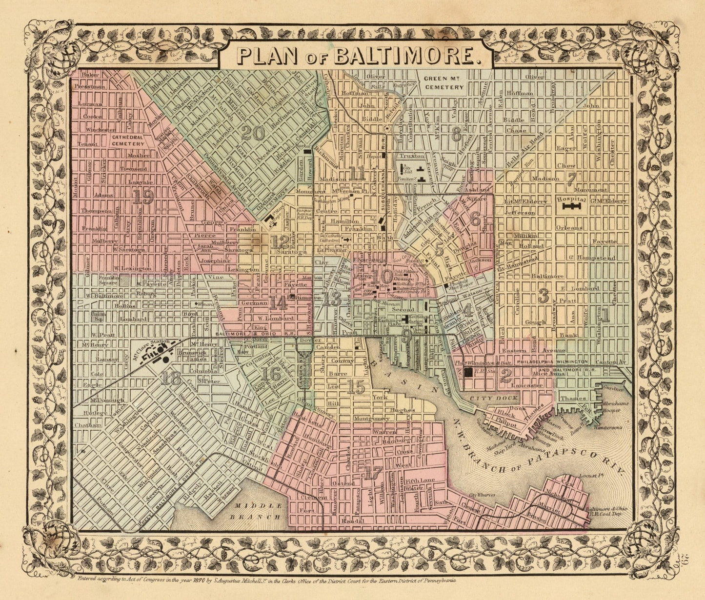 Vintage Map of Baltimore, Maryland, 1870