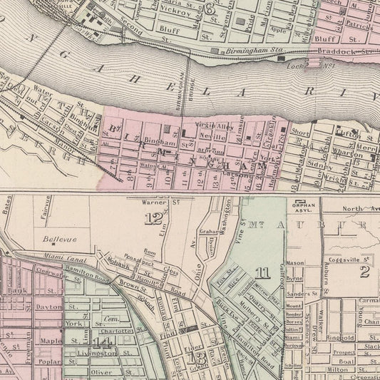 Vintage Map of Pittsburgh, Pennsylvania, 1886