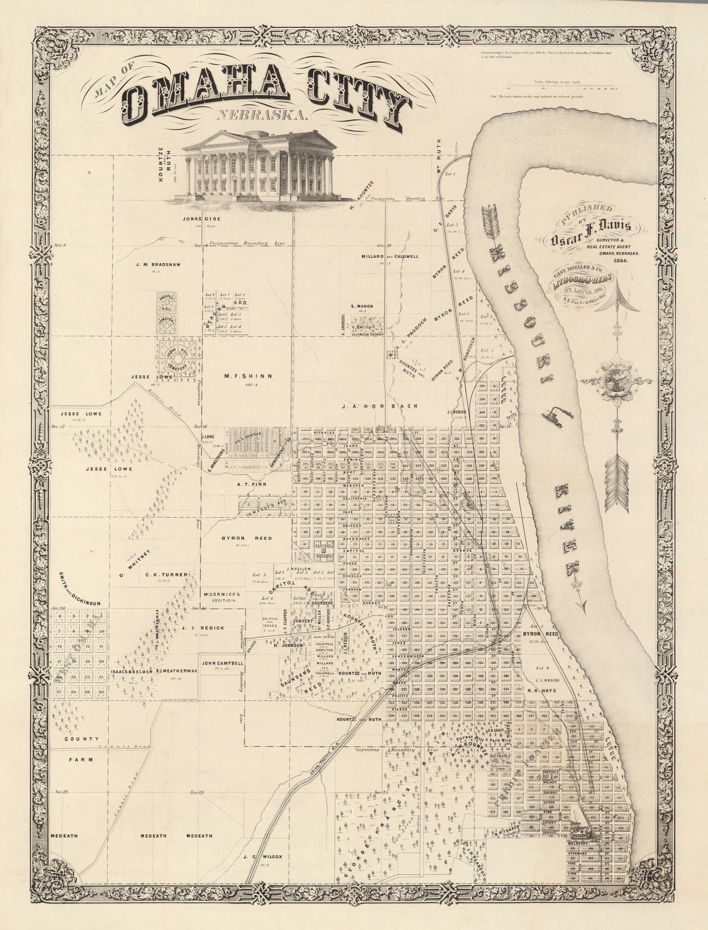 Vintage Map of Omaha, Nebraska, 1866