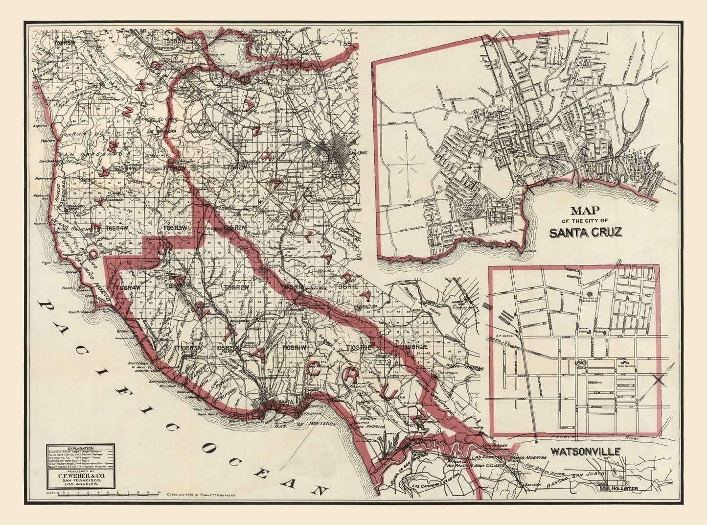 Vintage Map of Santa Cruz County, California, 1914