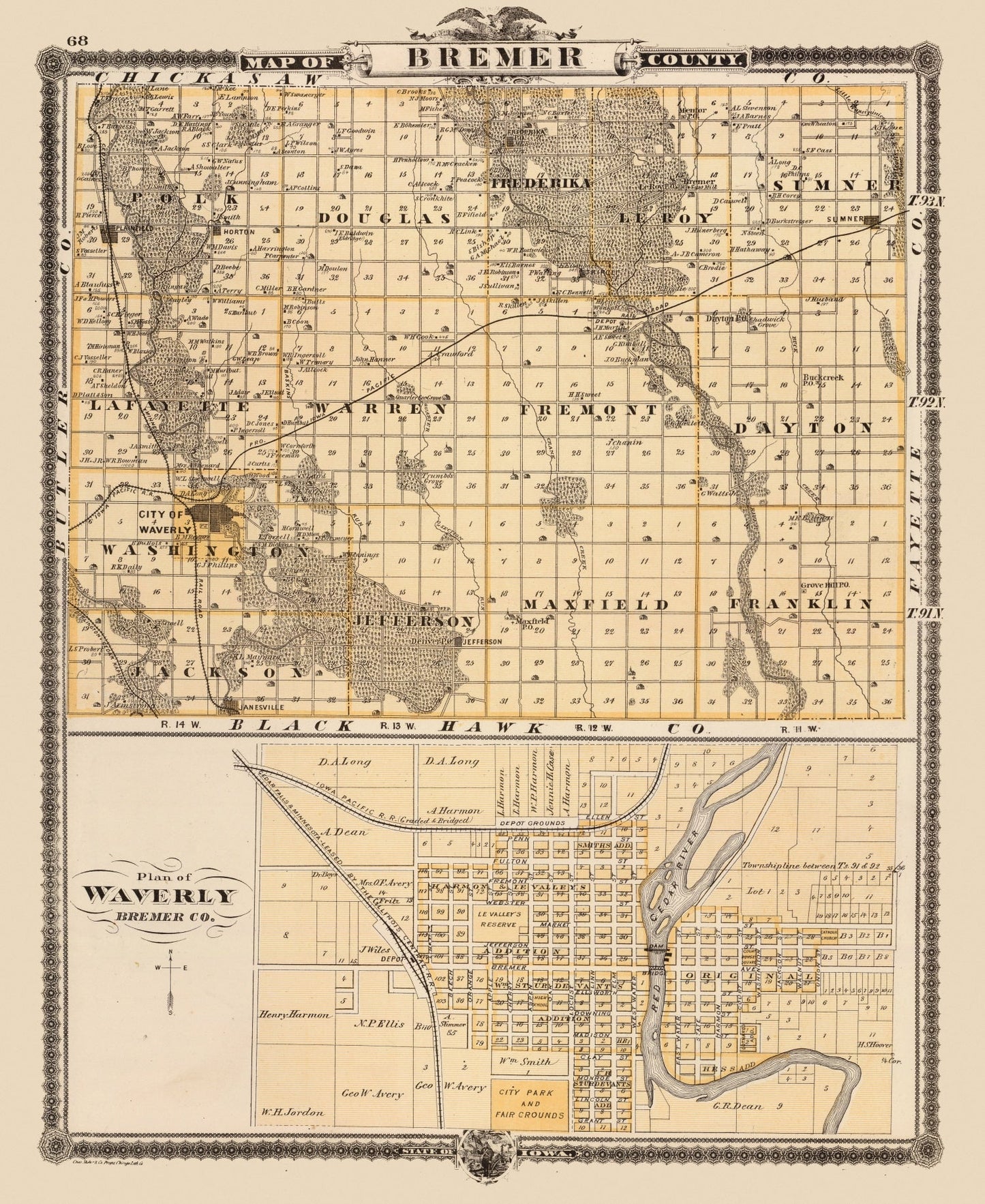Vintage Map of Bremer County, Iowa, 1875