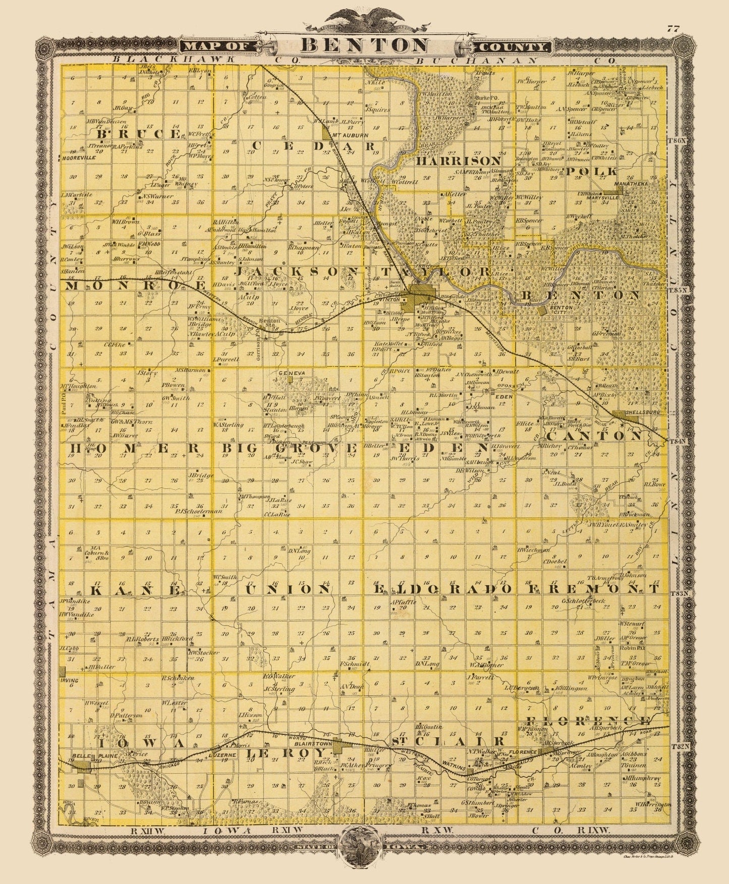Vintage Map of Benton County, Iowa, 1875