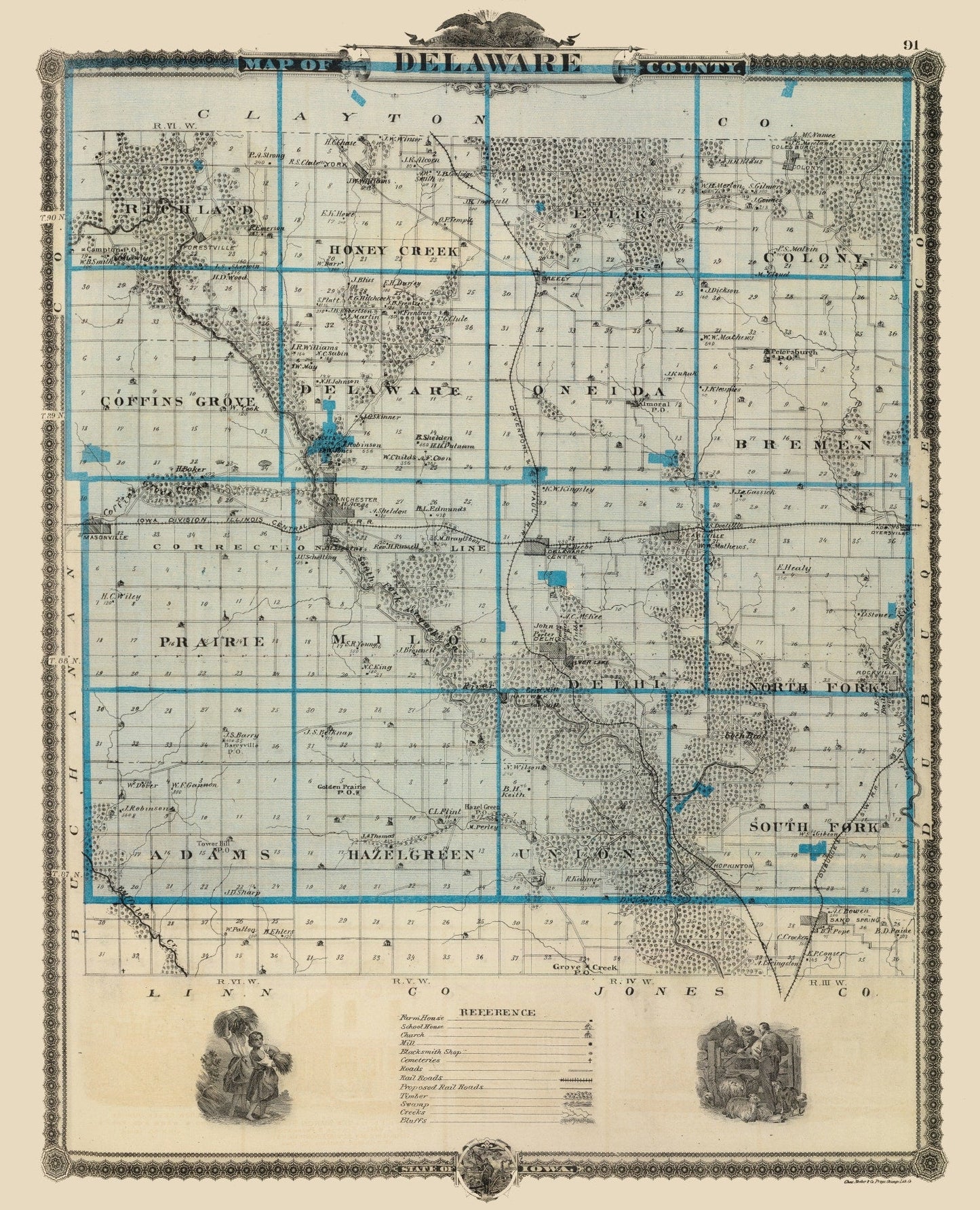 Vintage Map of Delaware County, Iowa, 1875