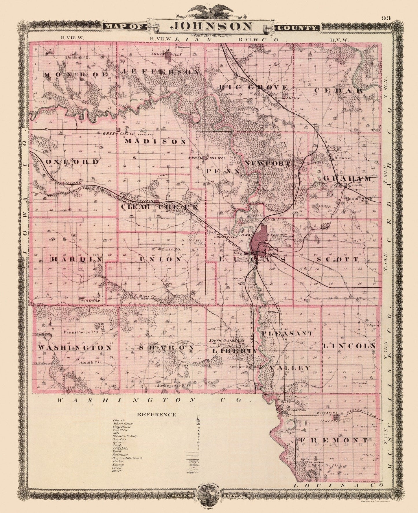 Vintage Map of Johnson County, Iowa, 1875