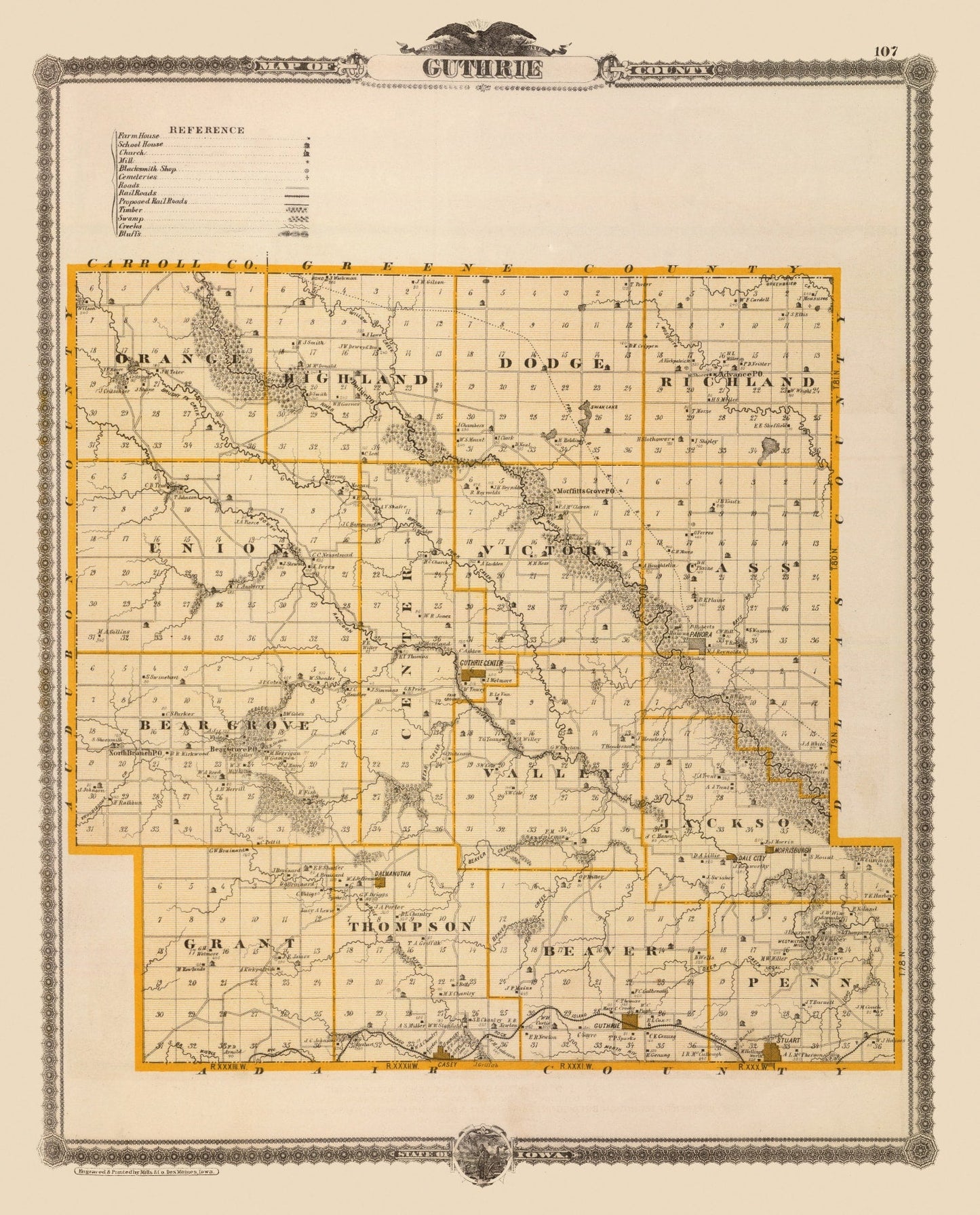 Vintage Map of Guthrie County, Iowa, 1875