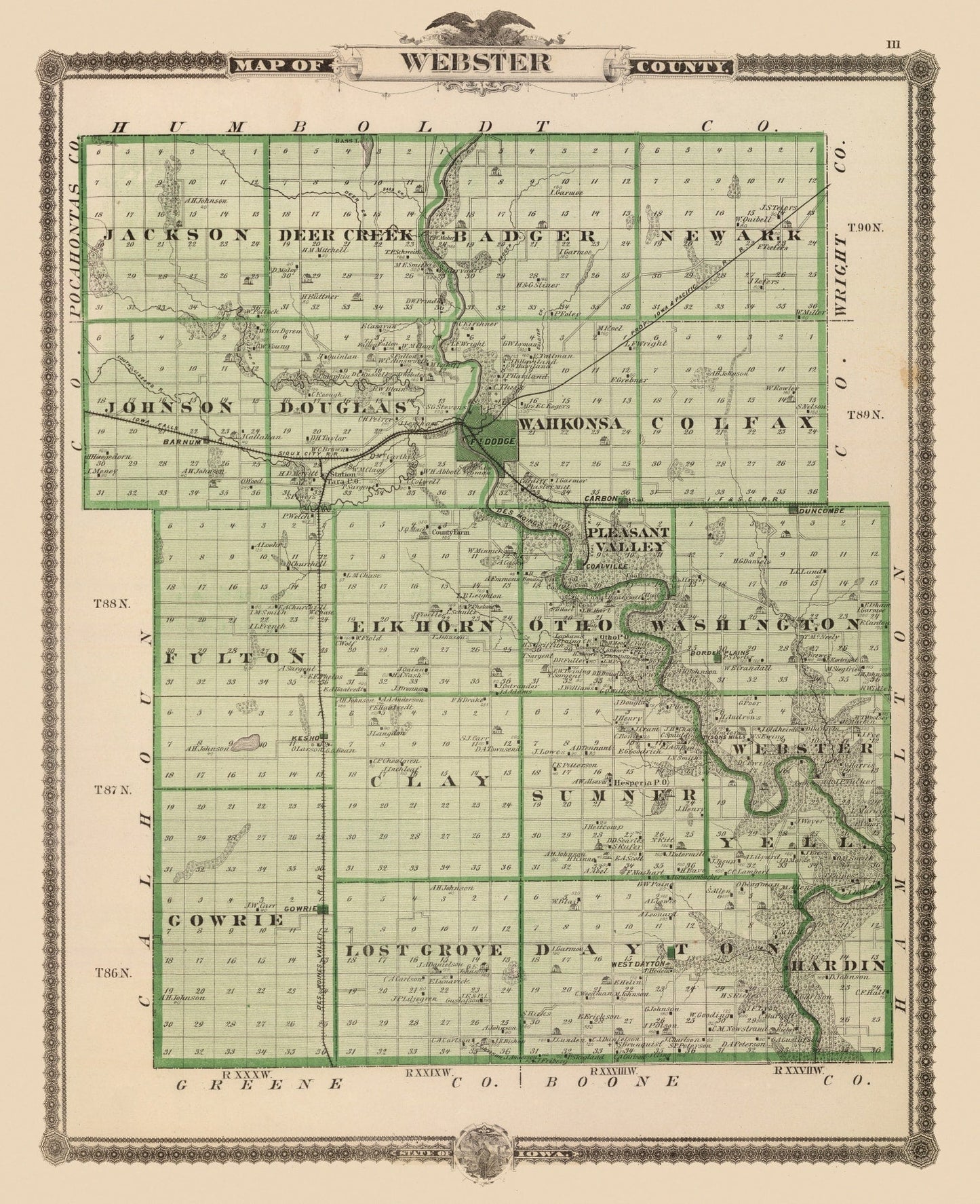 Vintage Map of Webster County, Iowa 1875