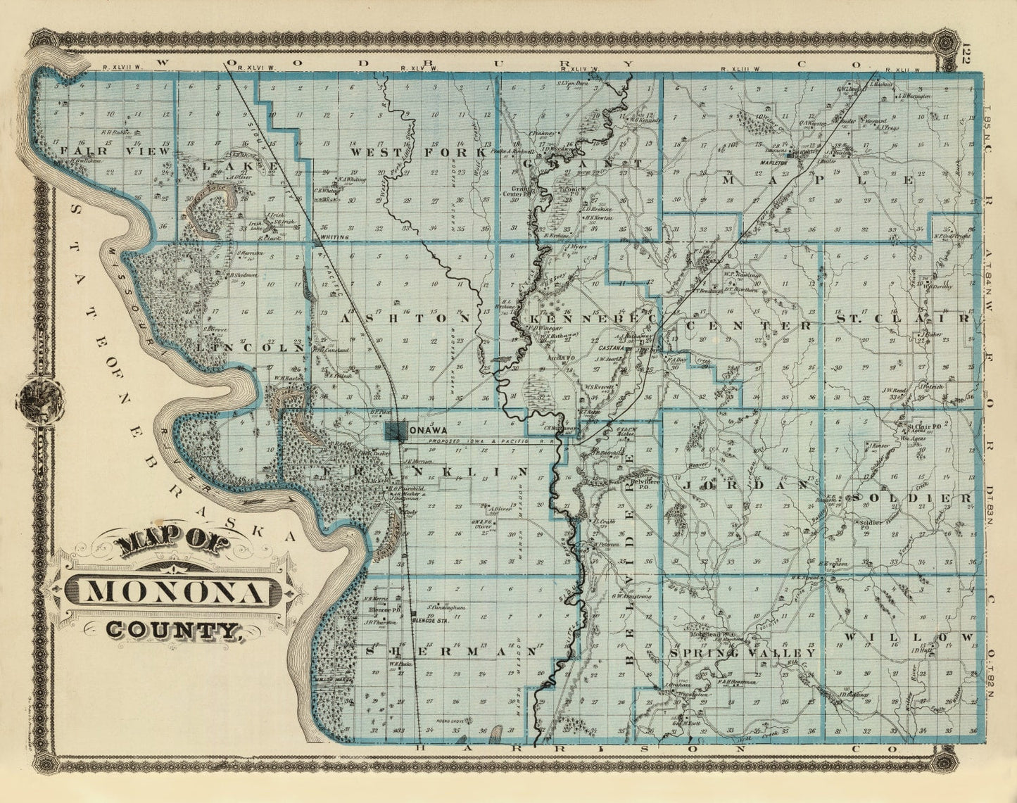 Vintage Map of Monona County, Iowa, 1875