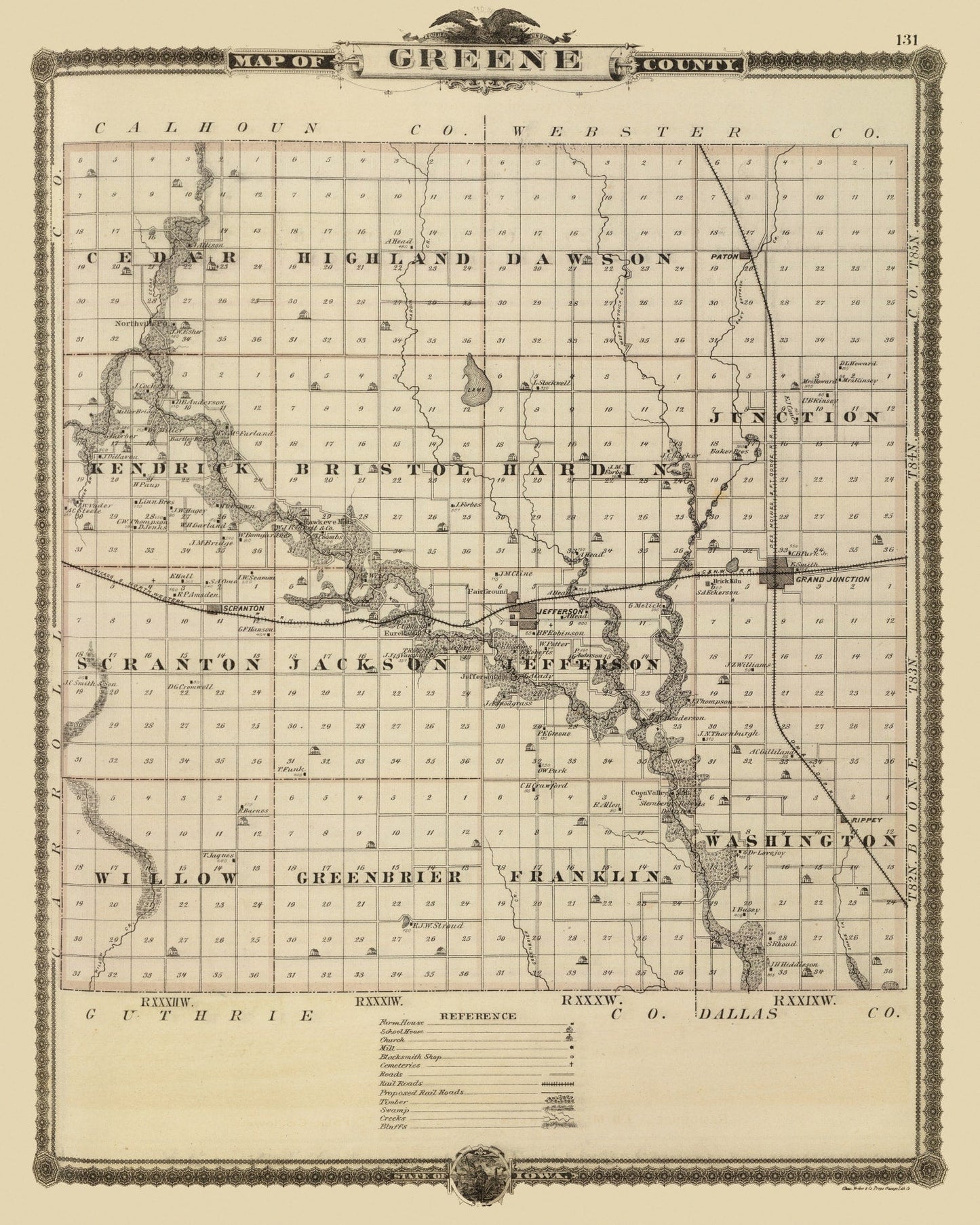 Vintage Map of Greene County, Iowa, 1875