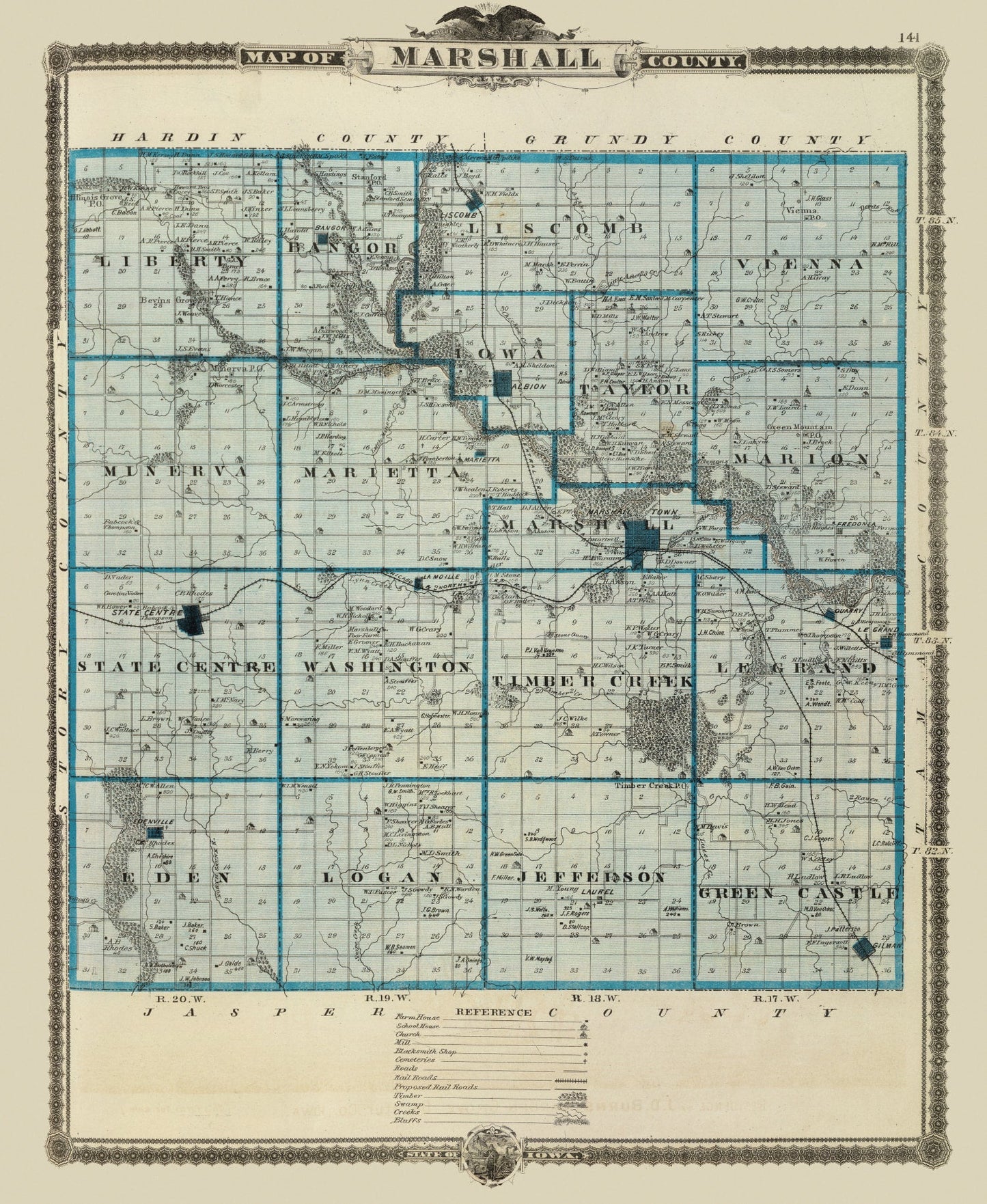 Vintage Map of Marshall County, Iowa, 1875