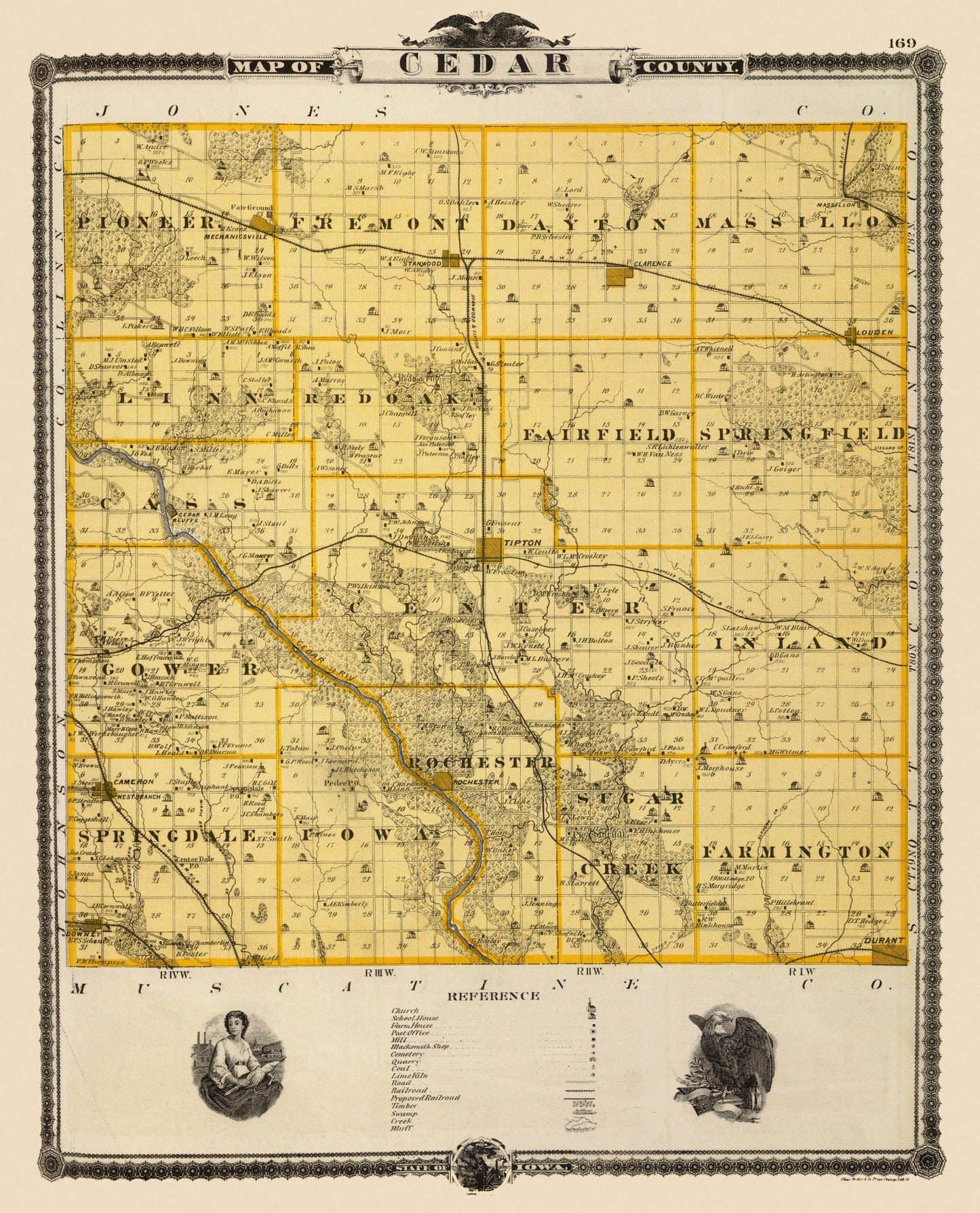 Vintage Map of Cedar County, Iowa, 1875