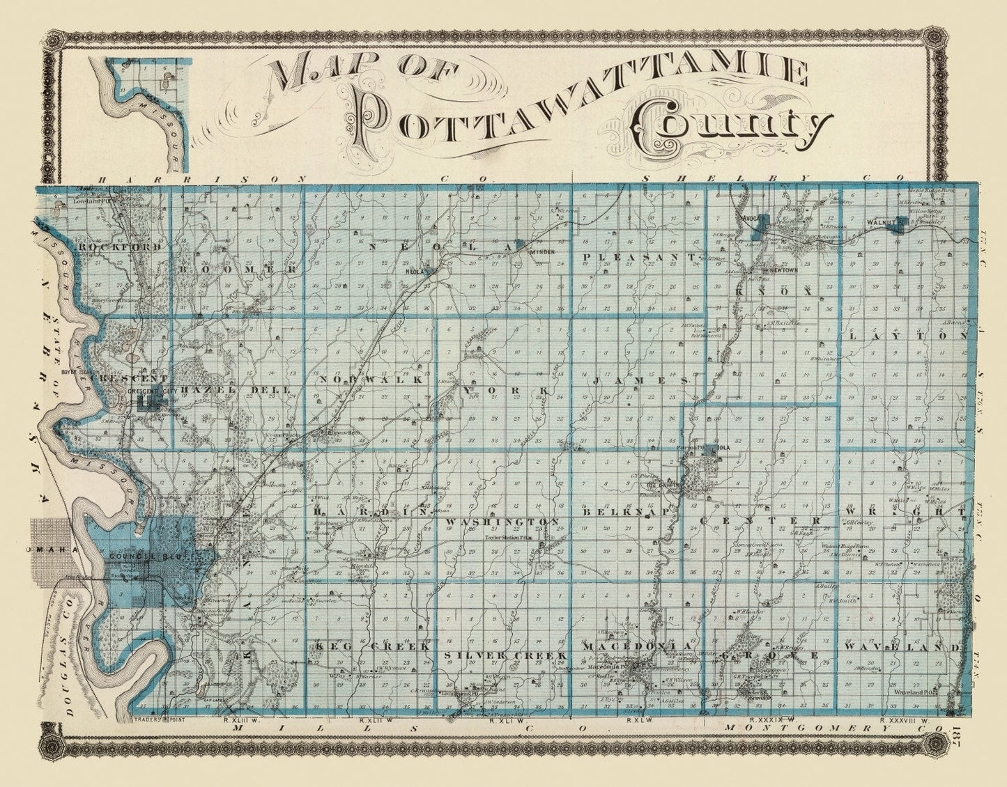 Vintage Map of Pottawattamie County, Iowa, 1875