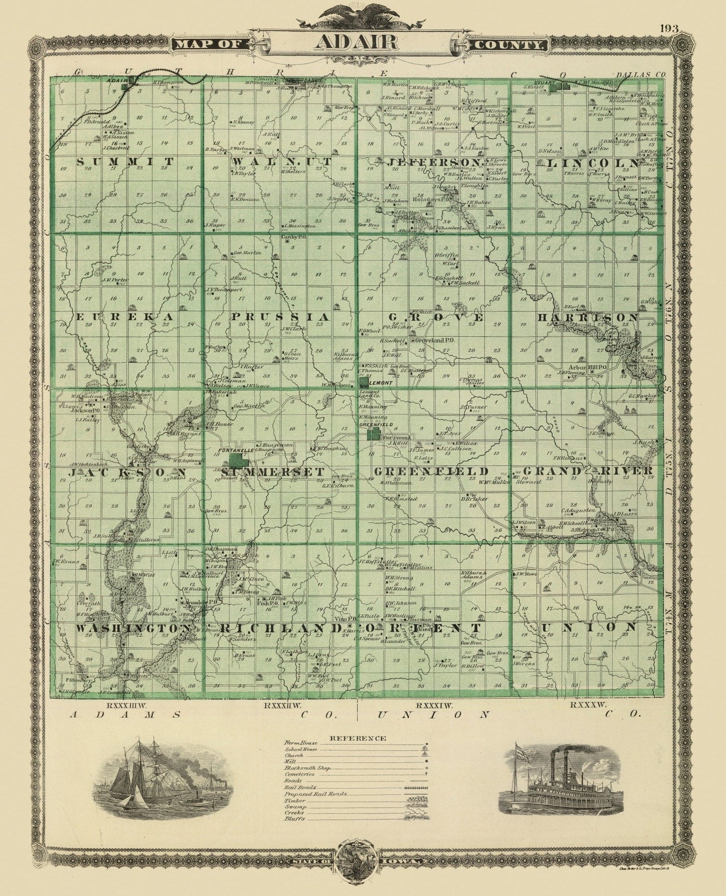 Vintage Map of Adair County, Iowa, 1875
