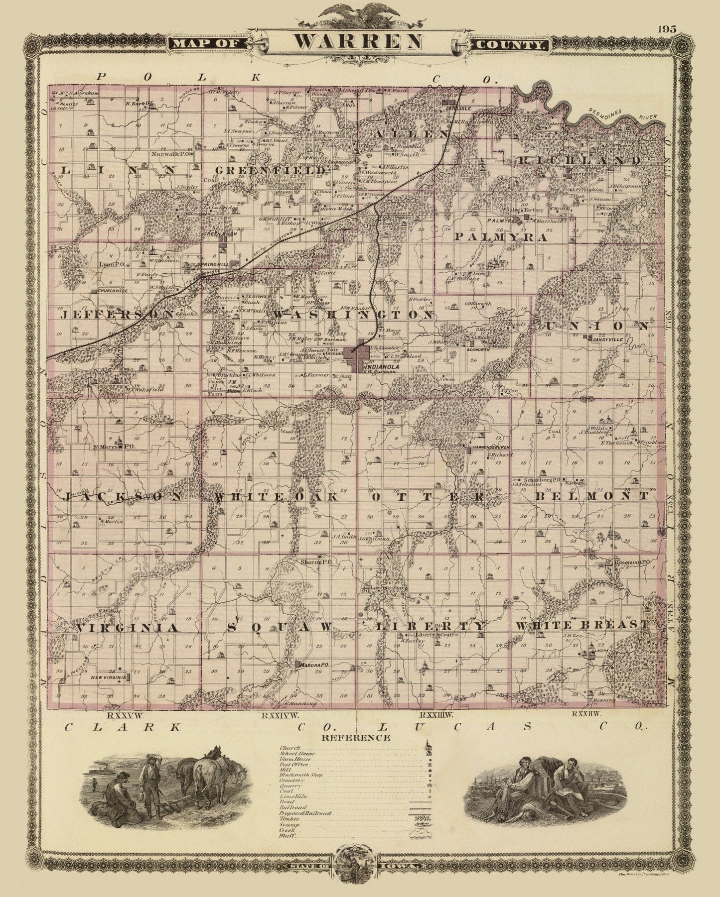 Vintage Map of Warren County, Iowa, 1875