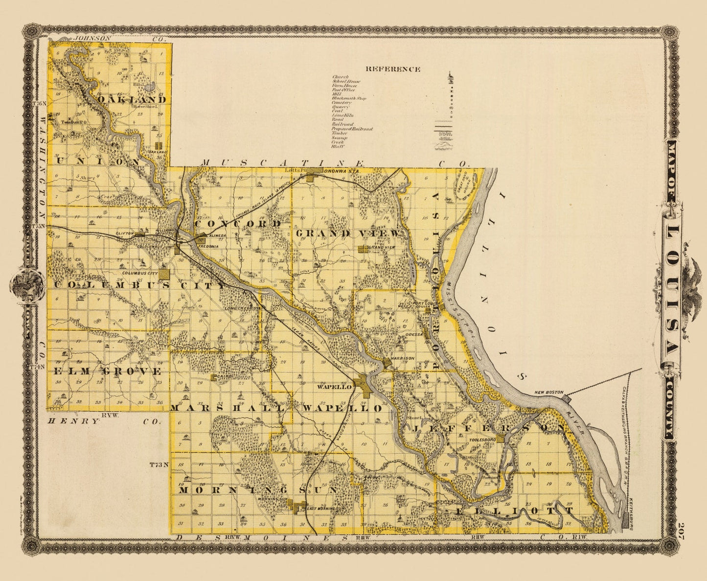 Vintage Map of Louisa County, Iowa, 1875