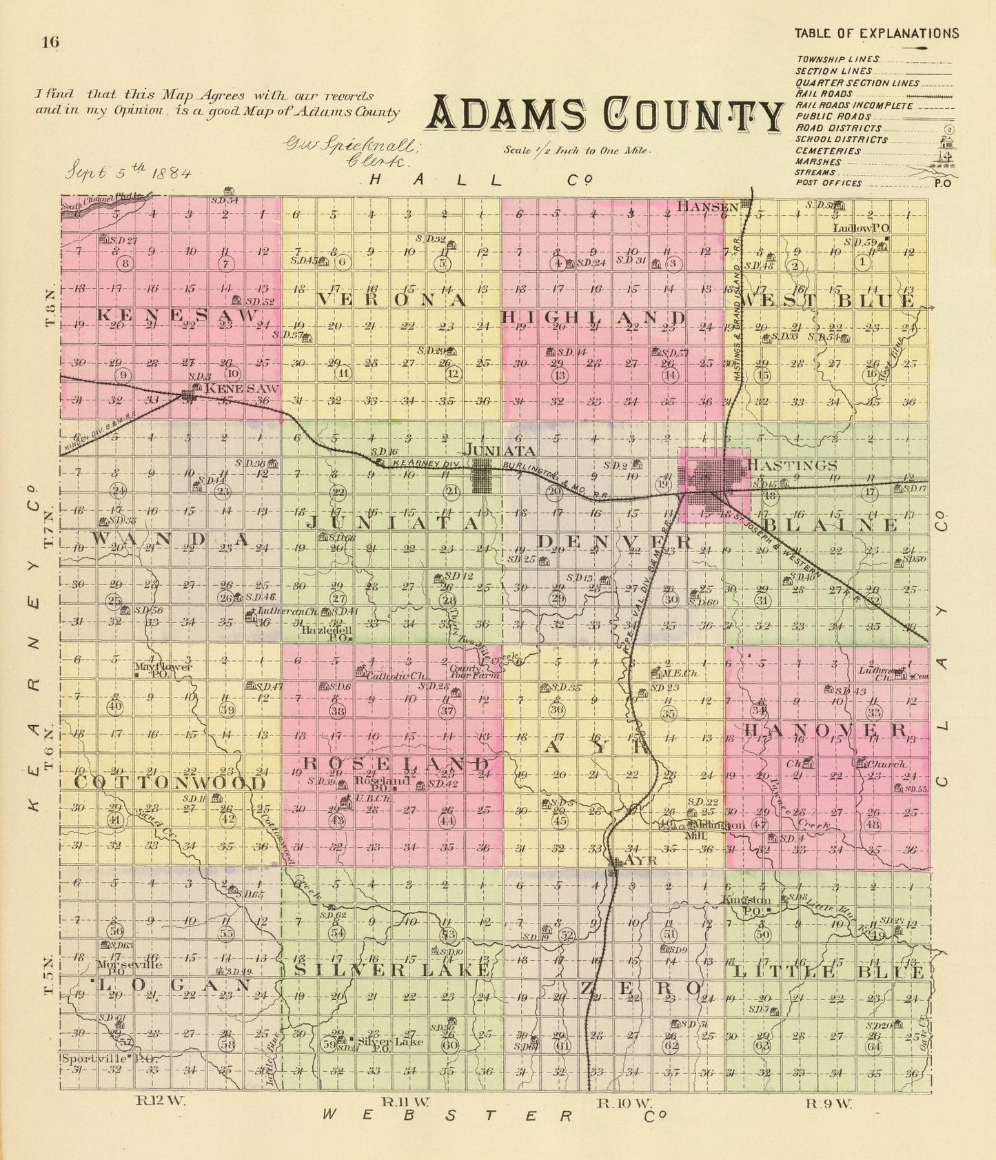 Vintage Map of Adams County, Nebraska, 1885