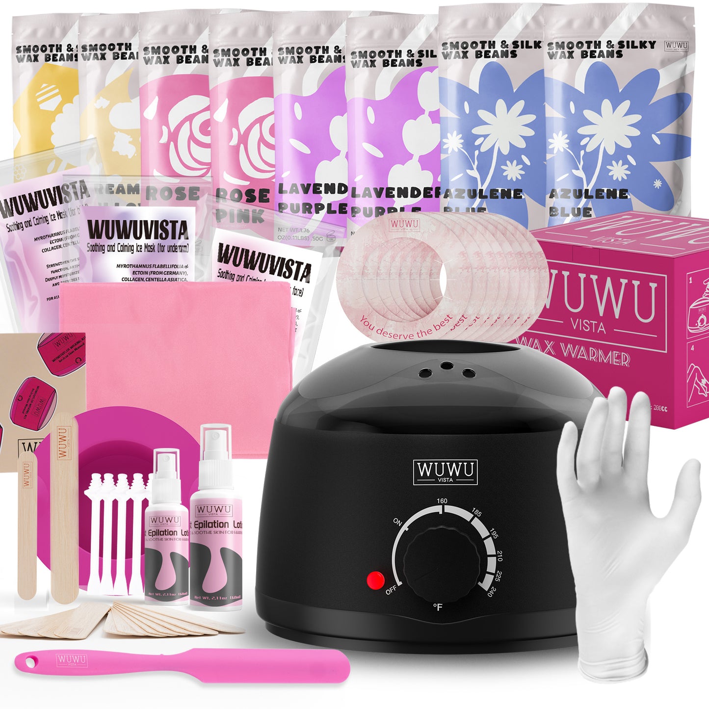 WUWU waxing kit with warmer, packages, gloves, and tools on a white background