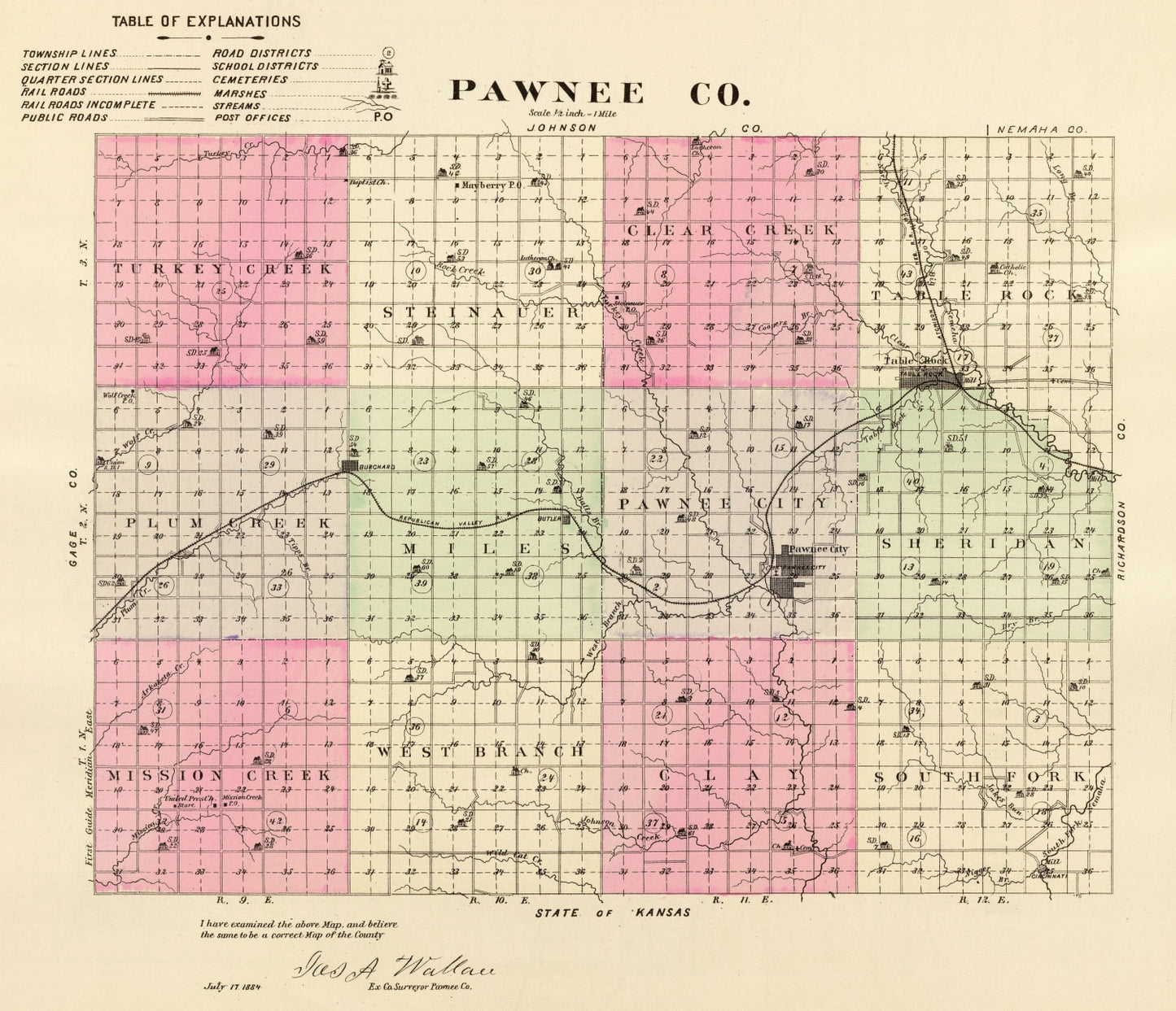 Vintage Map of Pawnee County, Nebraska, 1885