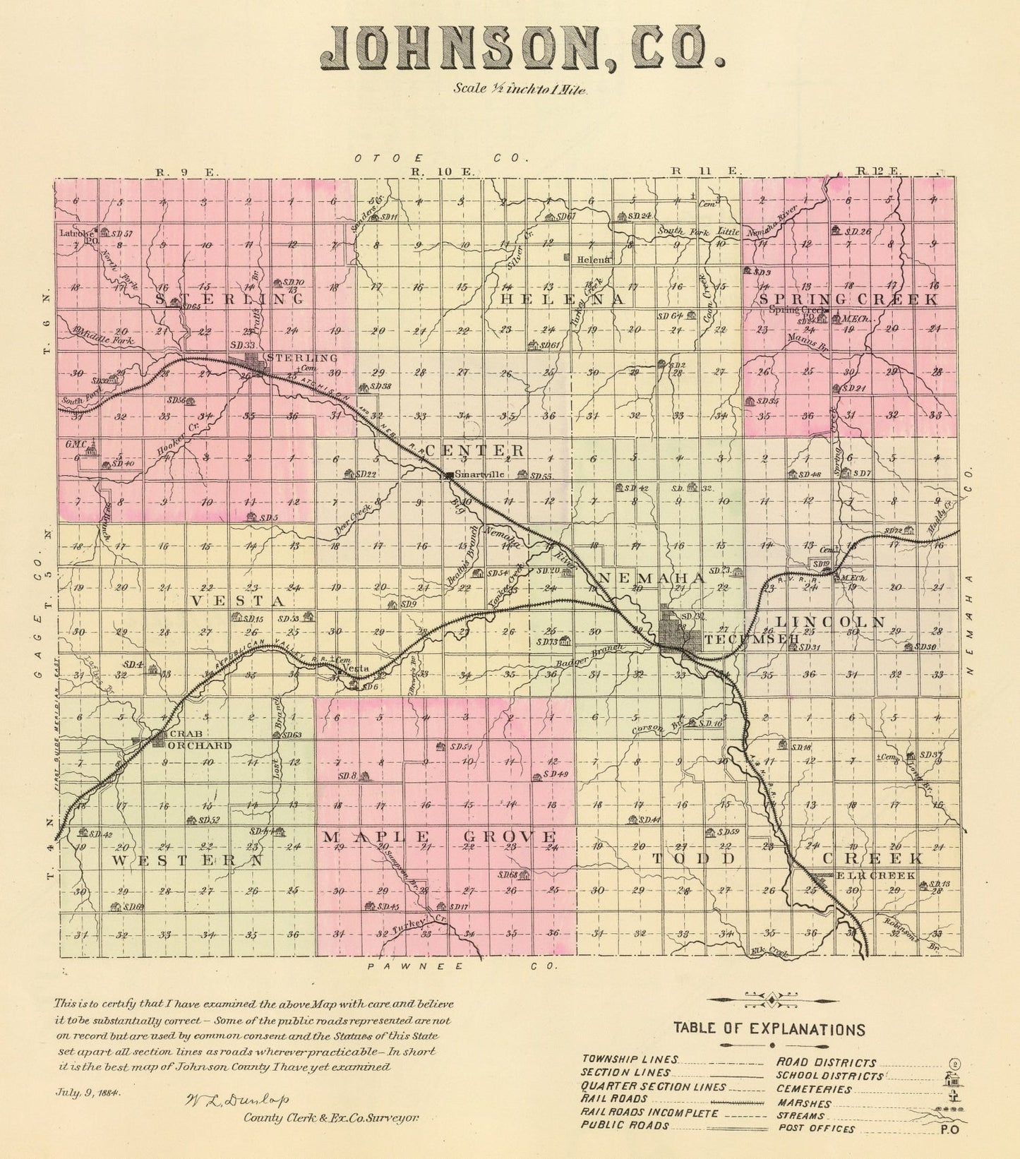 Vintage Map of Johnson County, Nebraska, 1885