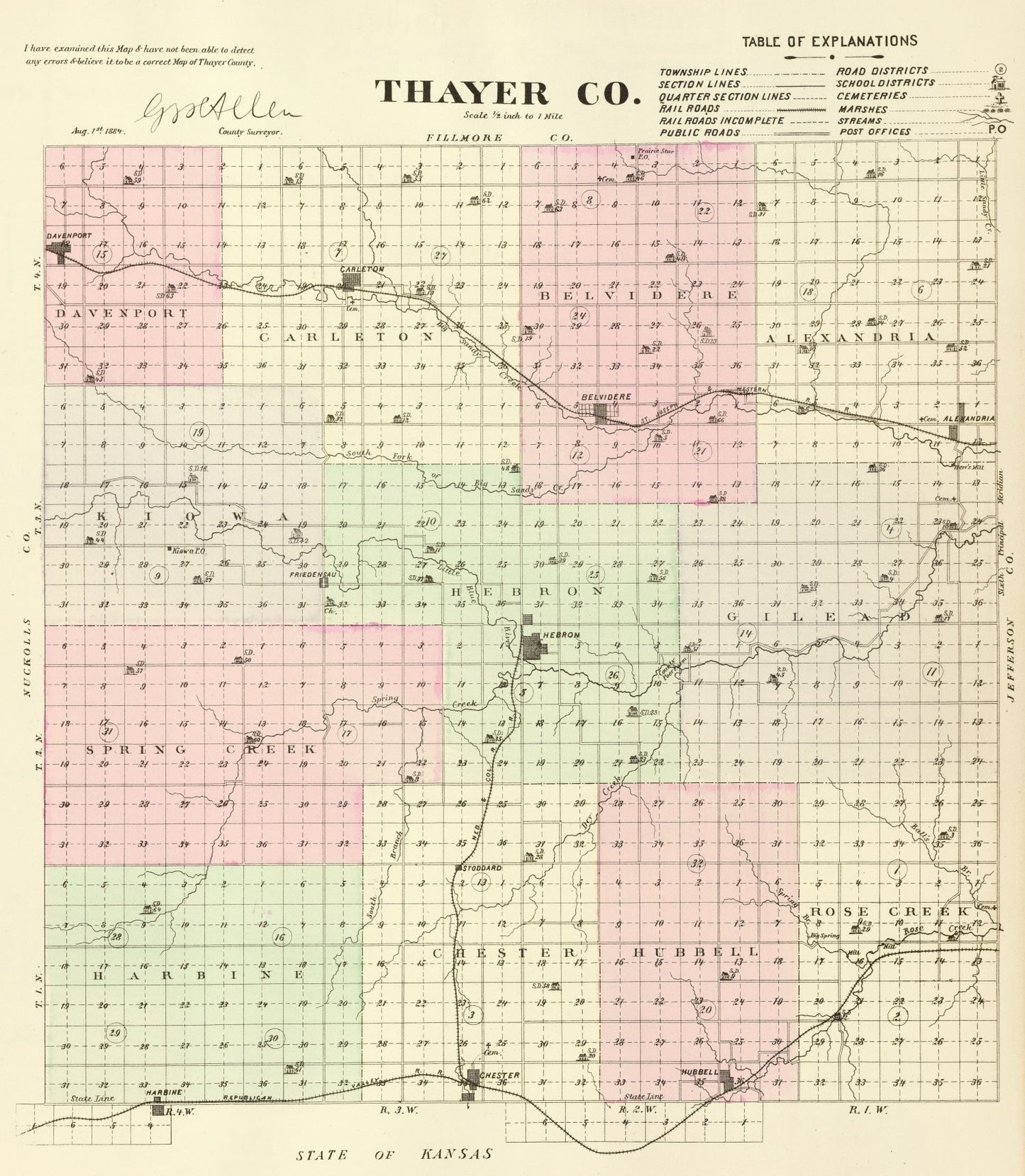 Vintage Map of Thayer County, Nebraska, 1885