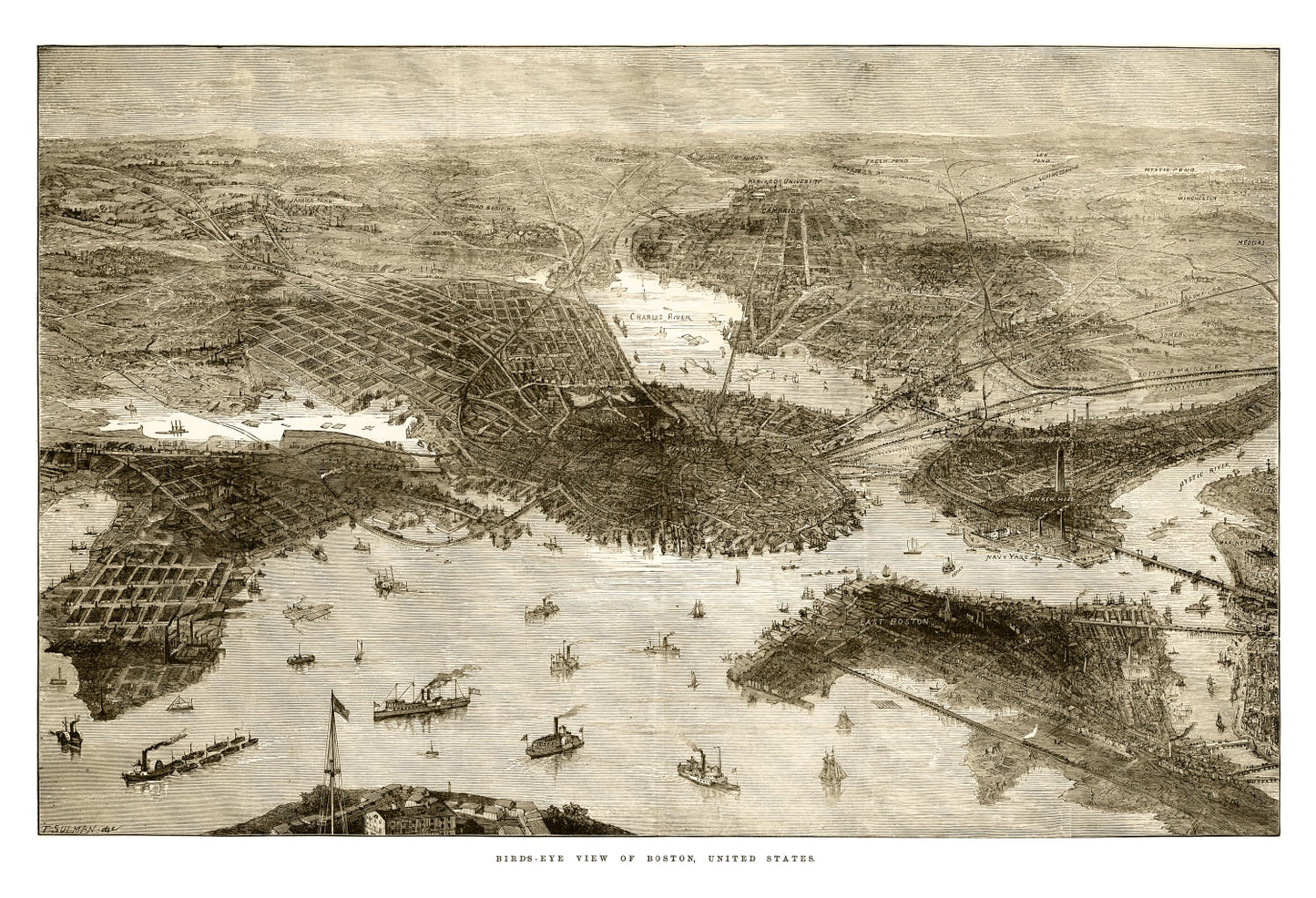 Vintage Map of Boston, Massachusetts 1870
