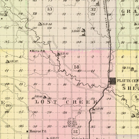 Vintage Map of Platte County, Nebraska, 1885