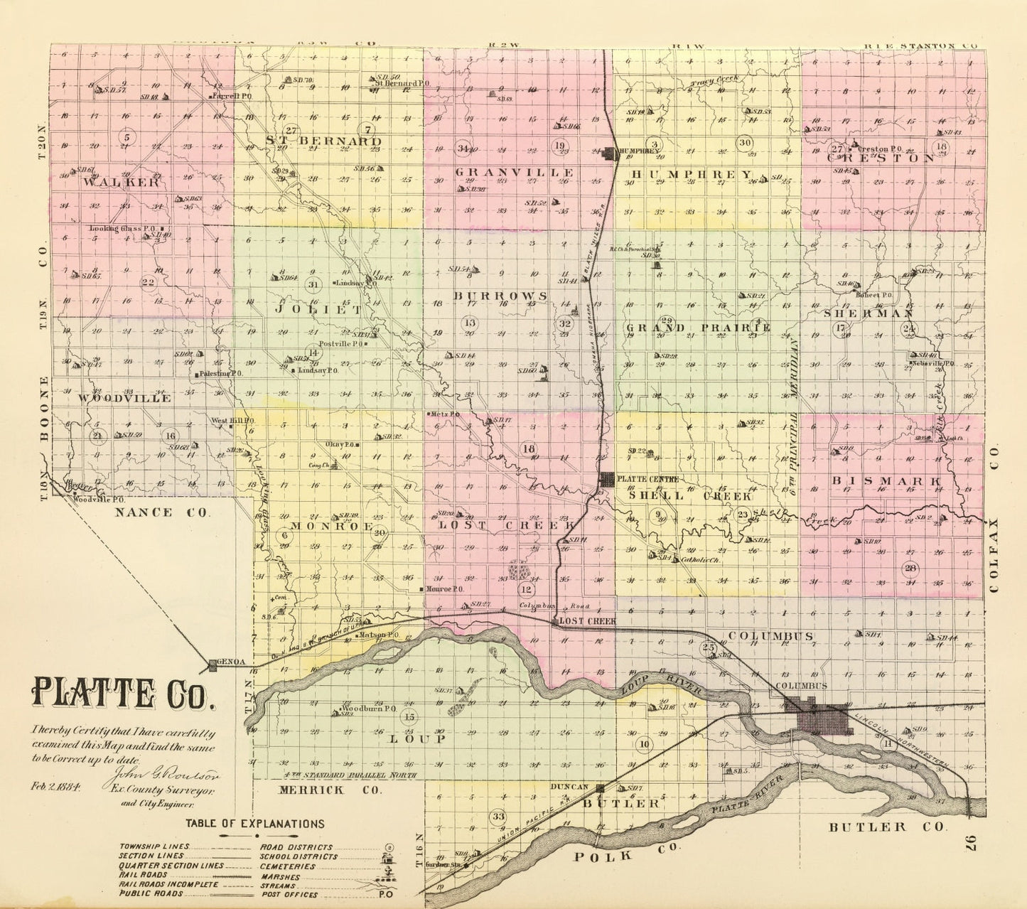 Vintage Map of Platte County, Nebraska, 1885