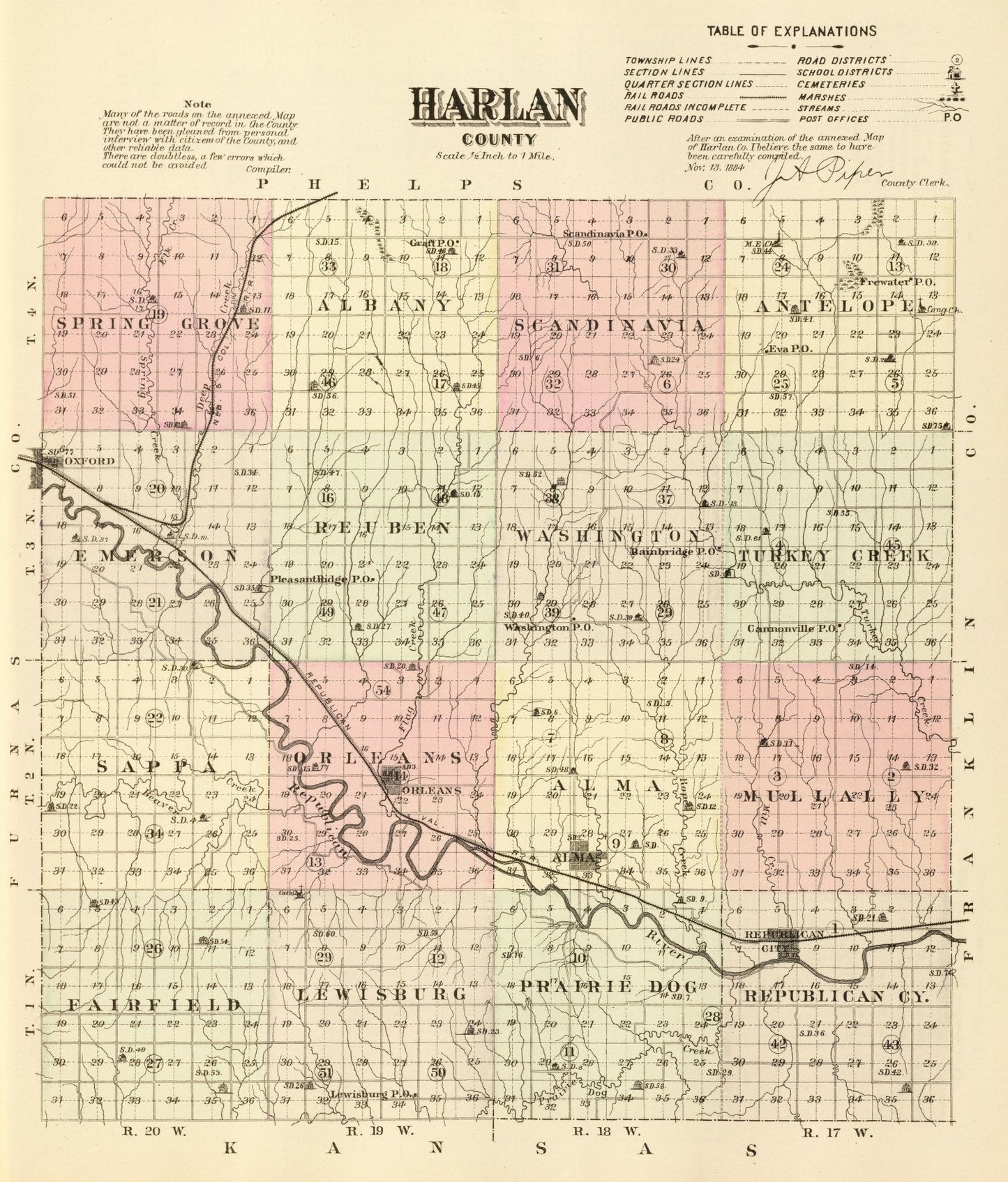 Vintage Map of Harlan County, Nebraska, 1885