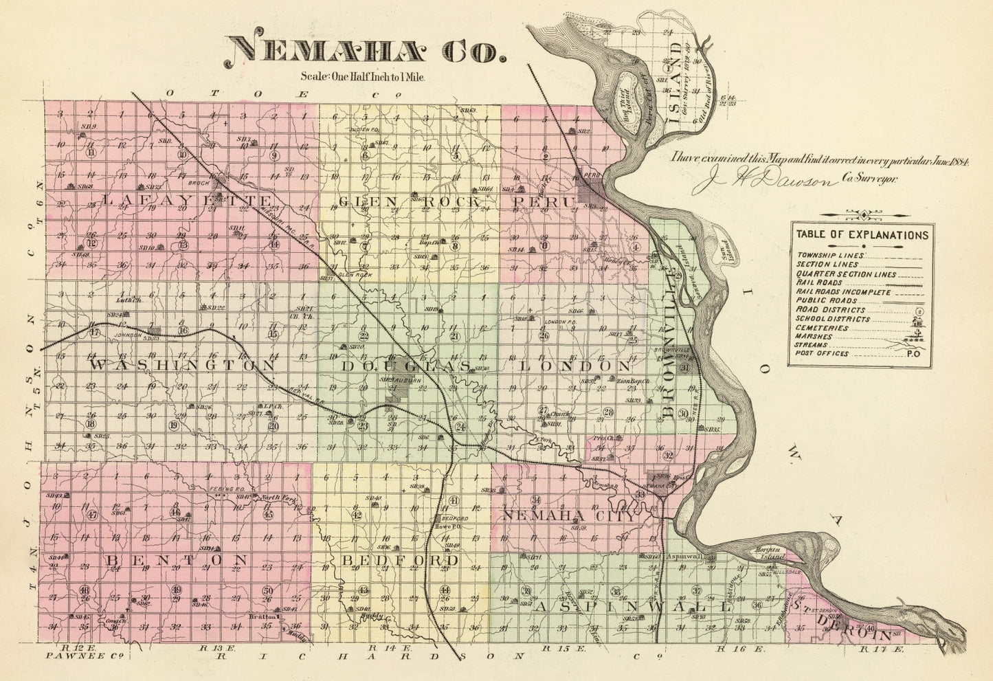 Vintage Map of Nemaha County, Nebraska, 1885