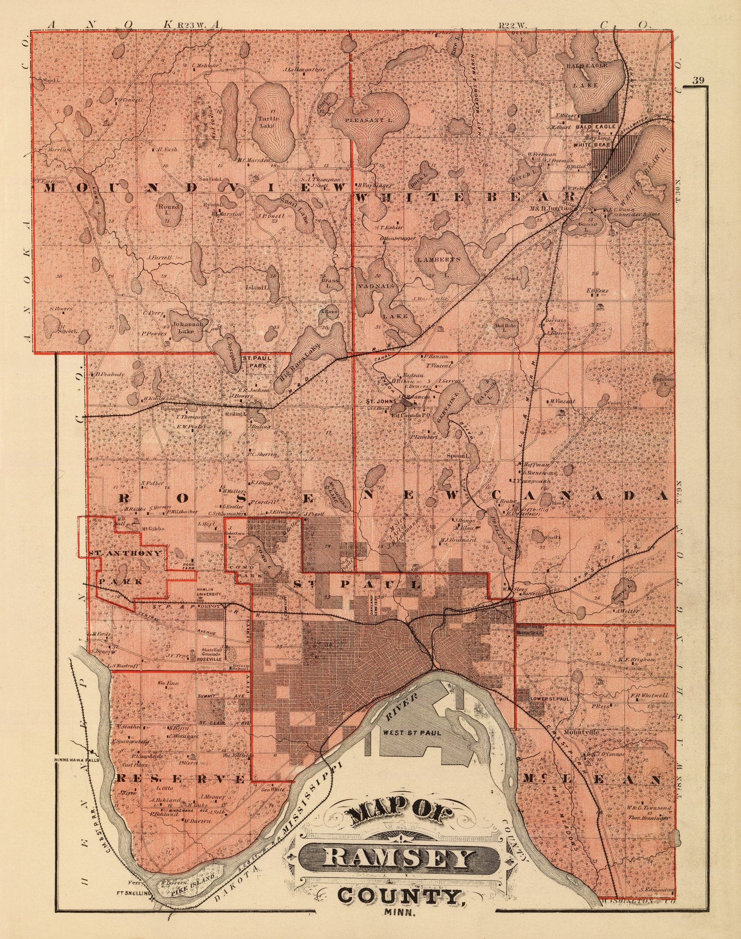 Vintage Map of Ramsey County, Minnesota, 1874
