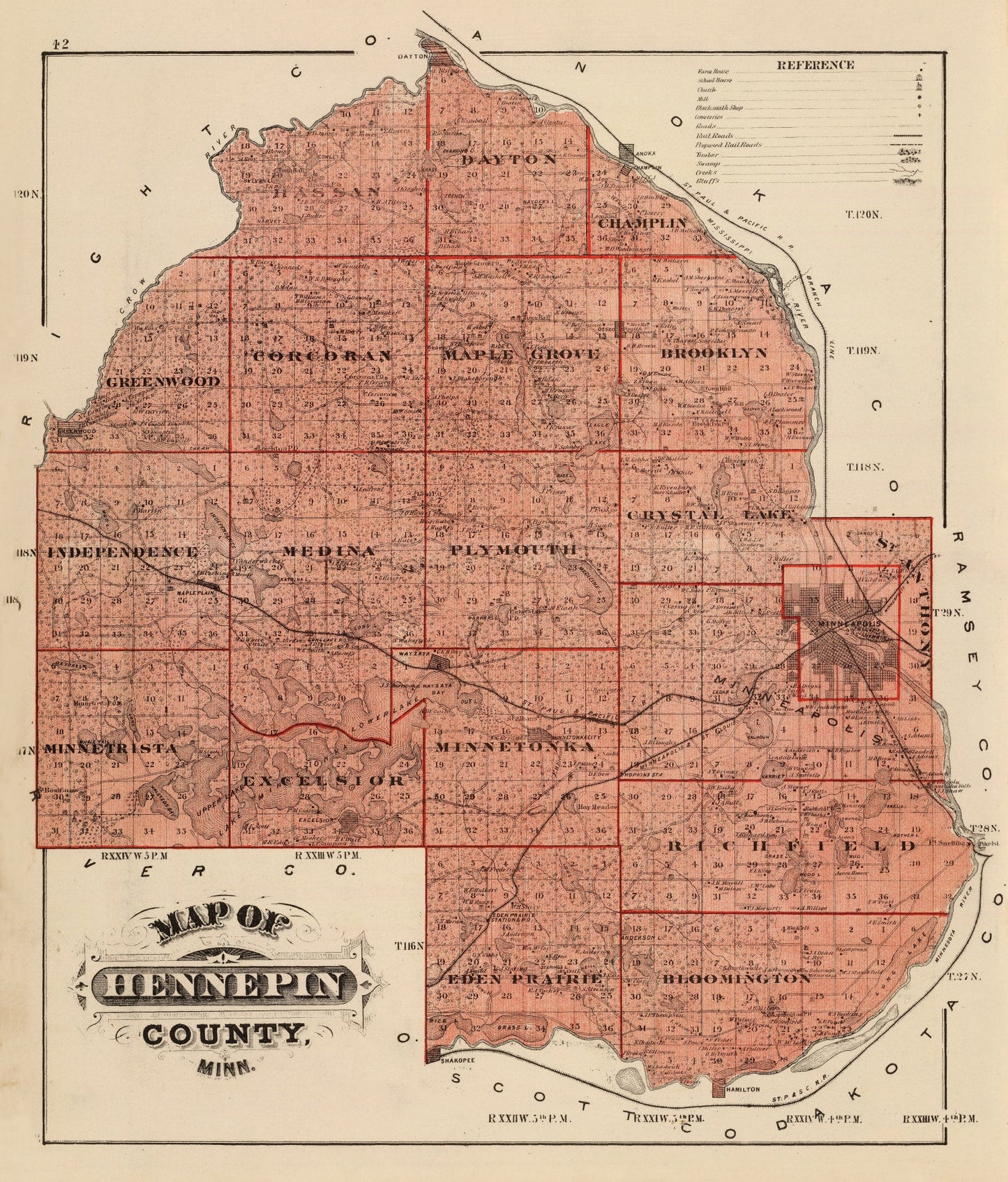 Vintage Map of Hennepin County, Minnesota, 1874