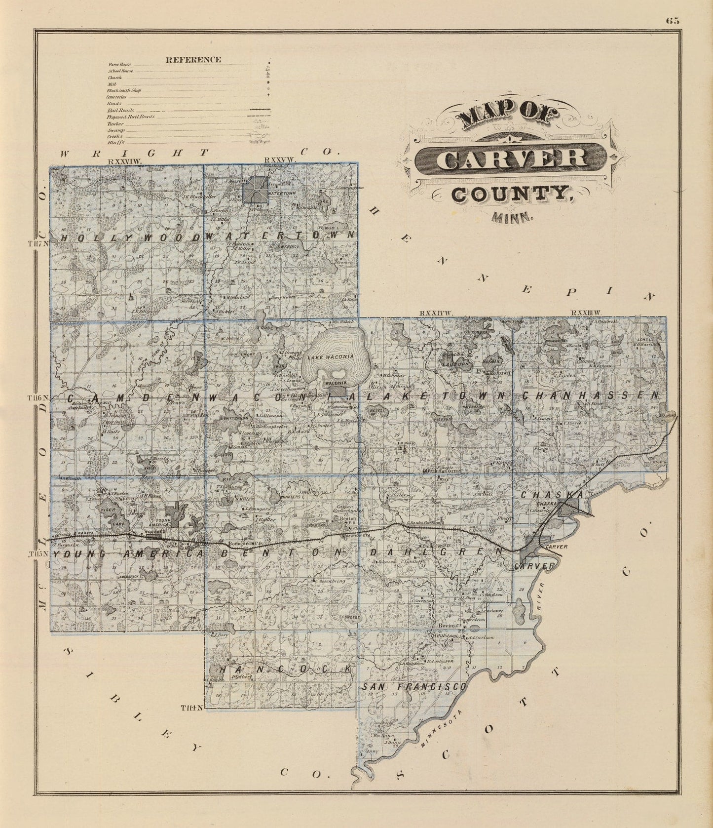 Vintage Map of Carver County, Minnesota, 1874