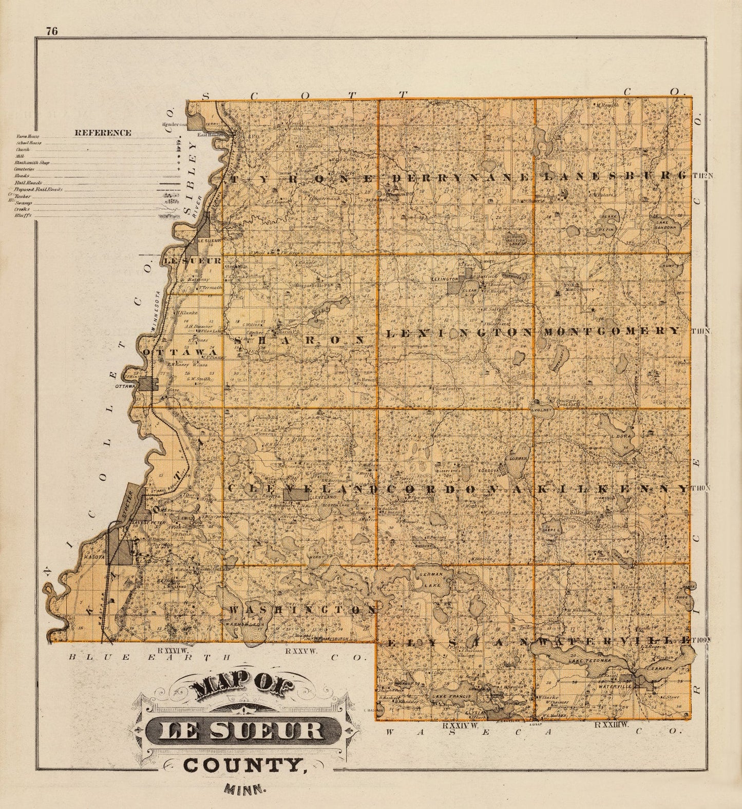 Vintage Map of Le Sueur County, Minnesota, 1874
