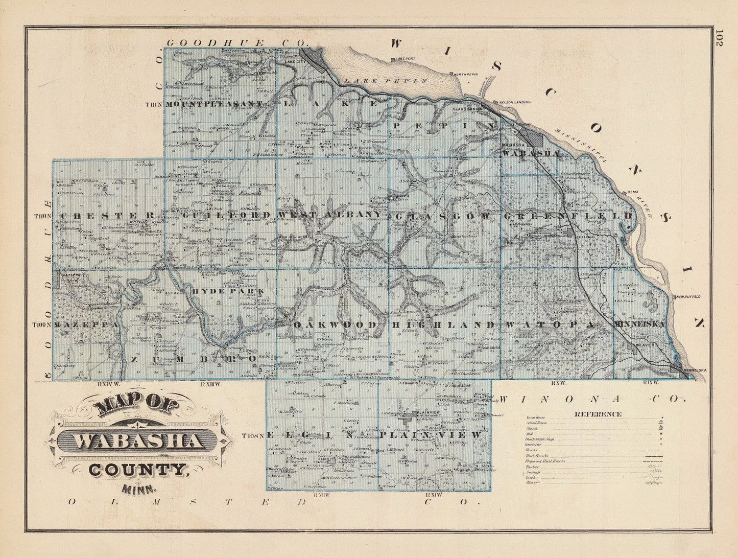 Vintage Map of Wabasha County, Minnesota, 1874