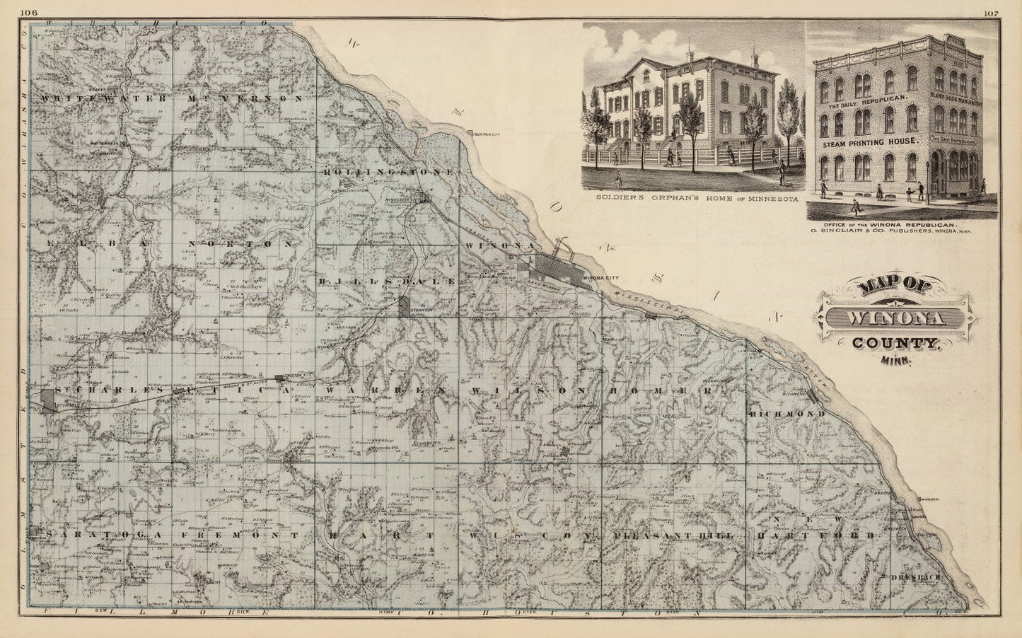 Vintage Map of Winona County, Minnesota 1874 Edition A