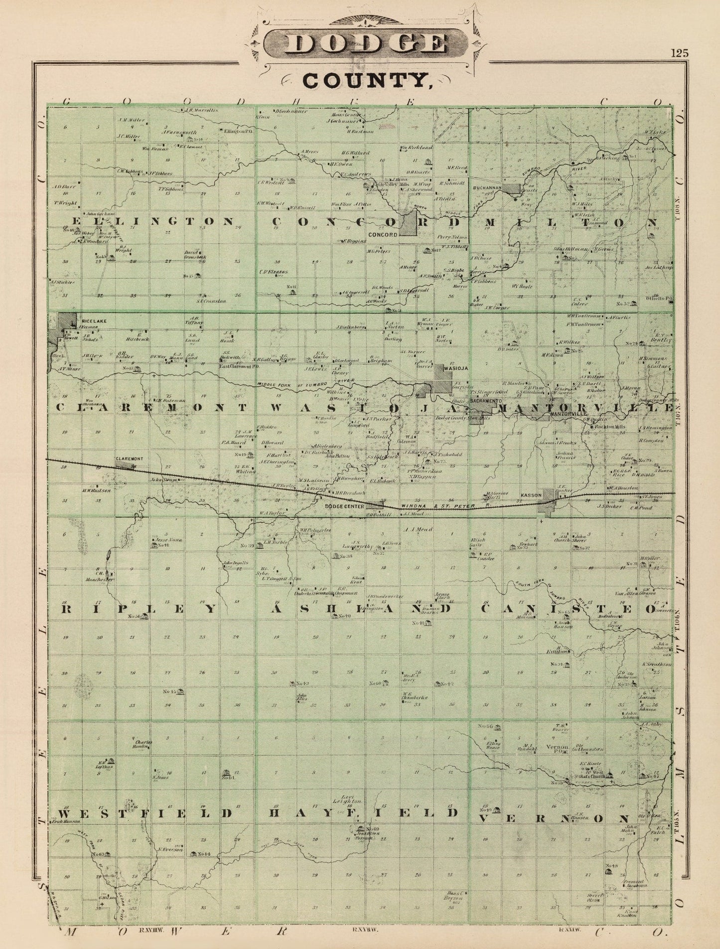 Vintage Map of Dodge County, Minnesota, 1874