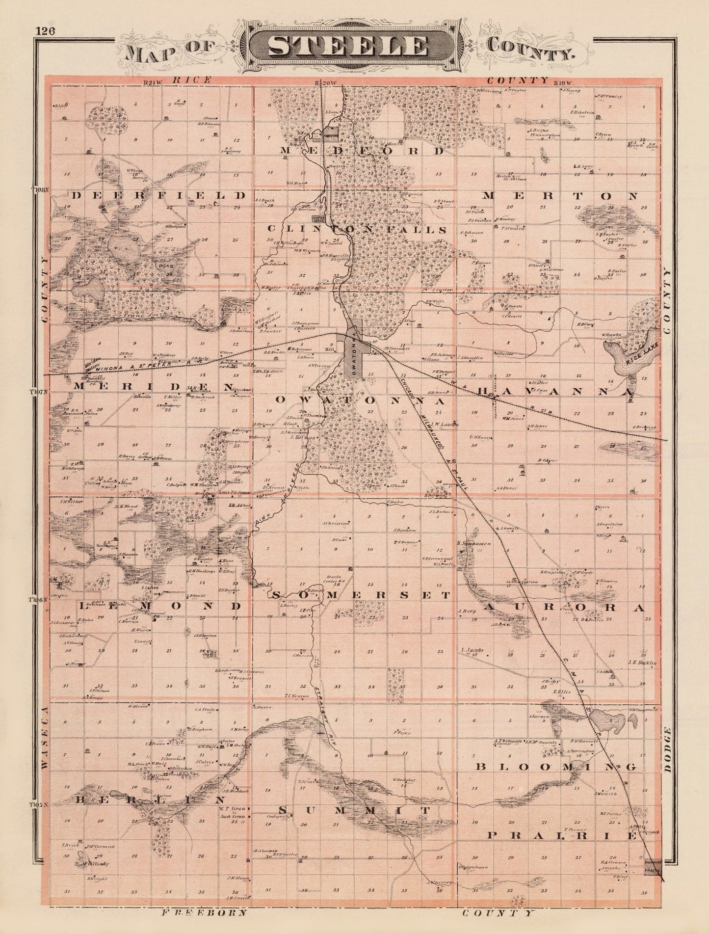 Vintage Map of Steele County, Minnesota, 1874